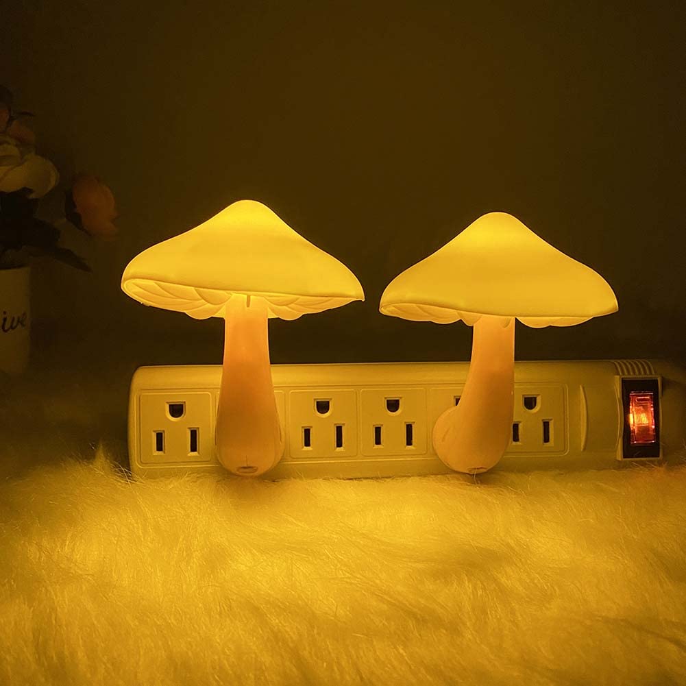 2 Pack LED Mushroom Night Light with Auto Dusk to Dawn Sensor - Plug in Cute Mushroom Shaped Nightlight for Kids, Baby Nursery, Bedroom & Wall Decor (Yellow) - Perfect for Bedtime, Hallways & Safe Nighttime Navigation