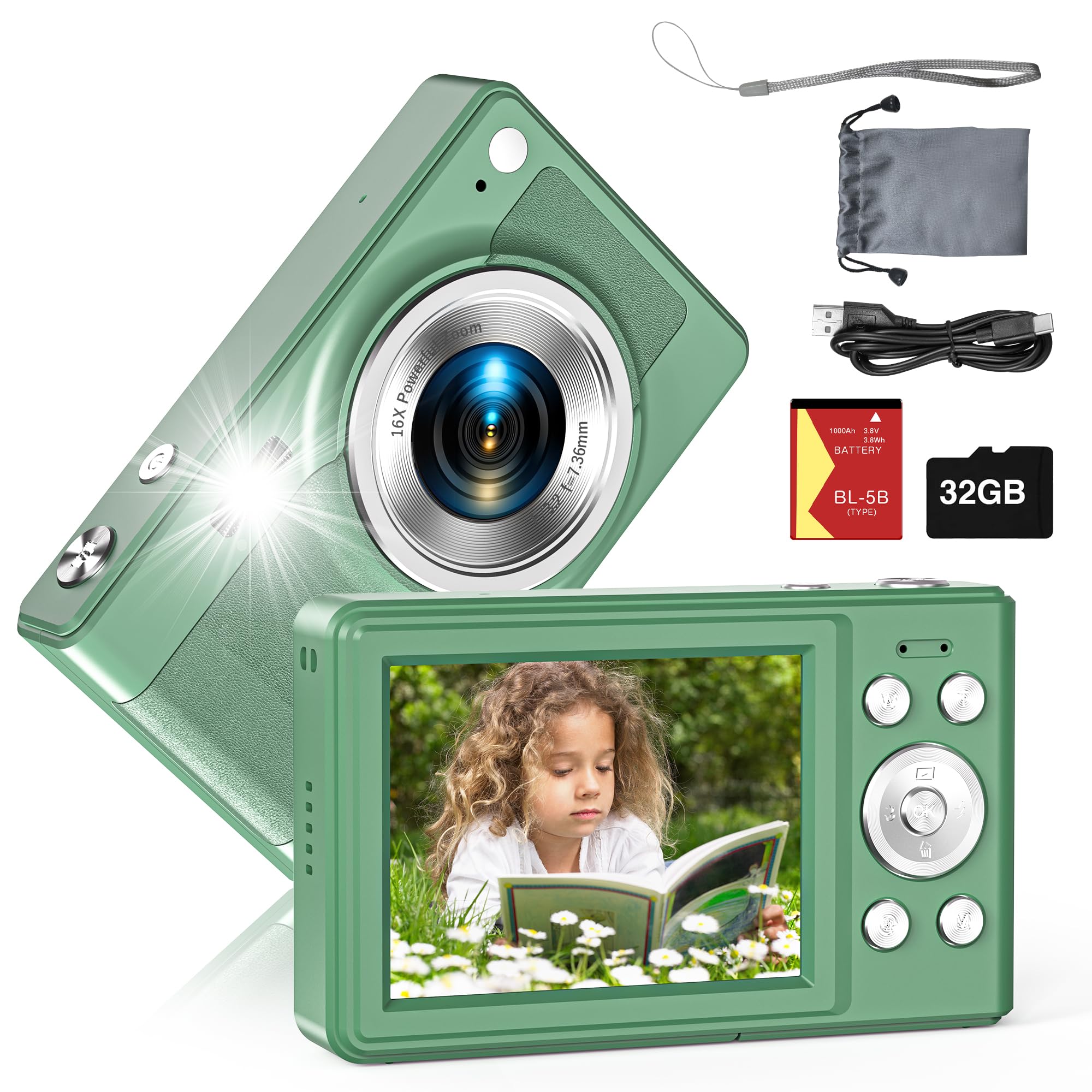56MP FHD 1080P Kids Digital Camera with 16x Zoom & Anti-Shake - 32GB TF Card, 2 Batteries, Lanyard Included - Compact Portable Camera for Boys & Girls (Green) - Perfect for Travel, Birthday Gifts & First Photography Lessons