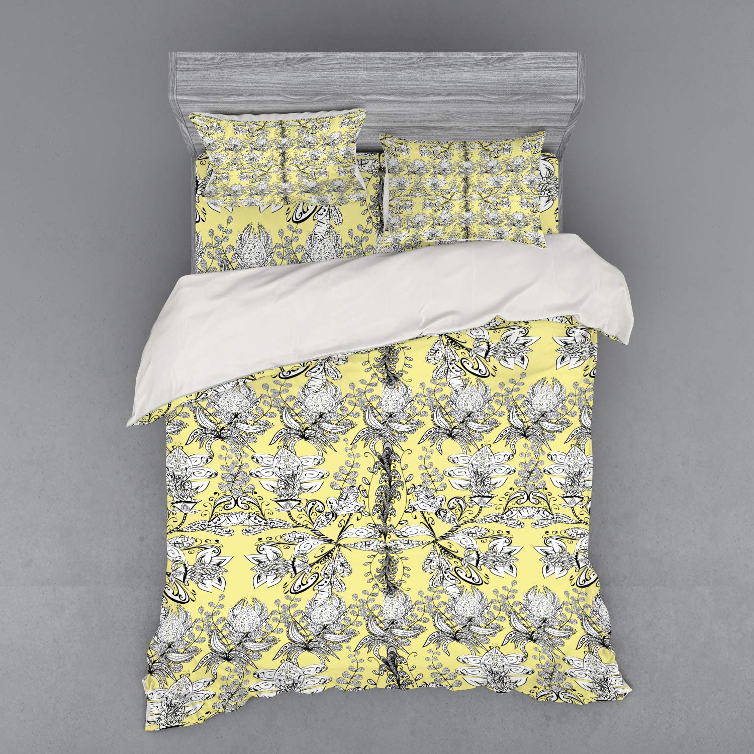 Ambesonne Bohemian Queen Size 4-Piece Duvet Cover Set - Grey & Yellow Floral Leaf Swirl Pattern with Matching Shams & Fitted Sheet | Perfect for Guest Bedrooms, Dorm Decor & Bohemian Style Home Makeover