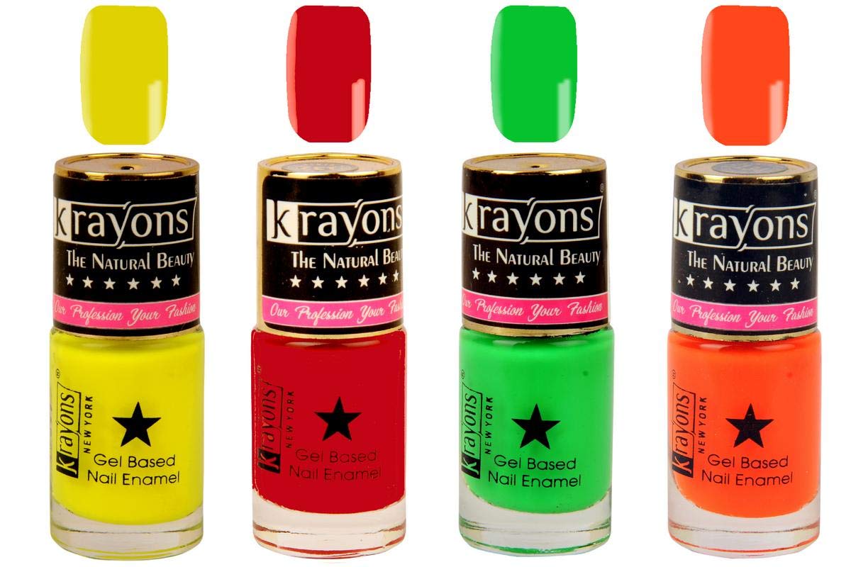Krayons Gel Base Glossy Effect Nail Polish Set of 4 - Fast Drying, Non-Toxic, Long Lasting Nail Enamel for Women, Teens & Kids (Signal Red, Neon Yellow, Green, Orange) - Perfect for Parties, Salons & DIY Manicures at Home