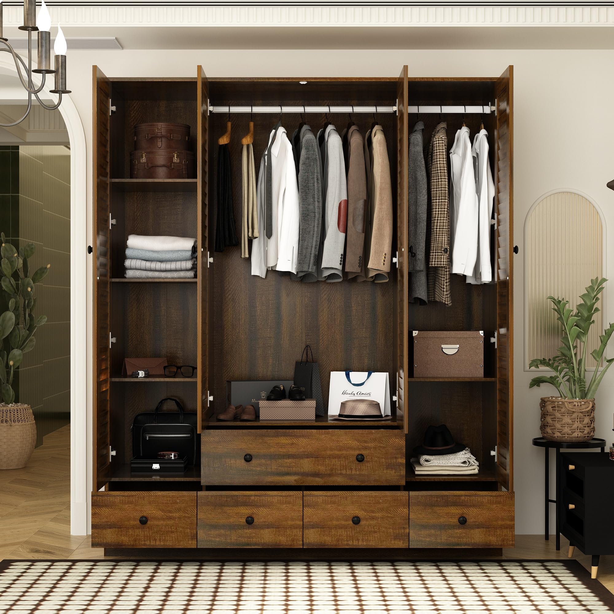 ECACAD Large Wooden Wardrobe Armoire with 5 Drawers, Multi-Tier Shelves & Hanging Rod - 4 Louver Door Closet Storage Cabinet for Bedroom (59.1”W x 19.1”D x 70.5”H) - Perfect for Organizing Clothes, Shoes & Accessories in Small Spaces