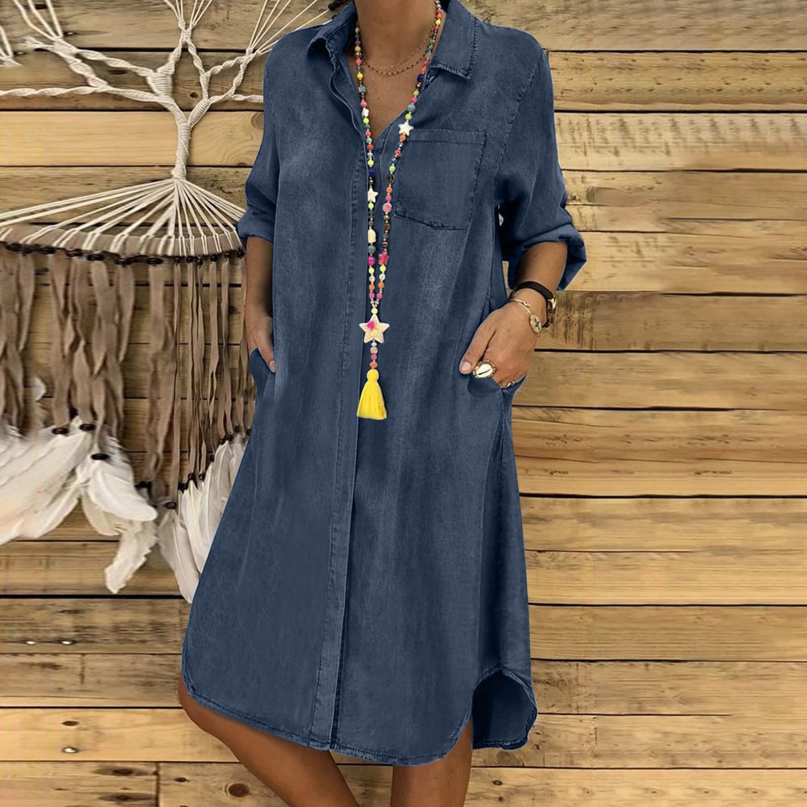 Women's Plus Size Denim Mini Dress - Short Fit Casual Long Sleeve V-Neck Floral Print Dress | Perfect for Date Night, Office Wear & Summer Outings