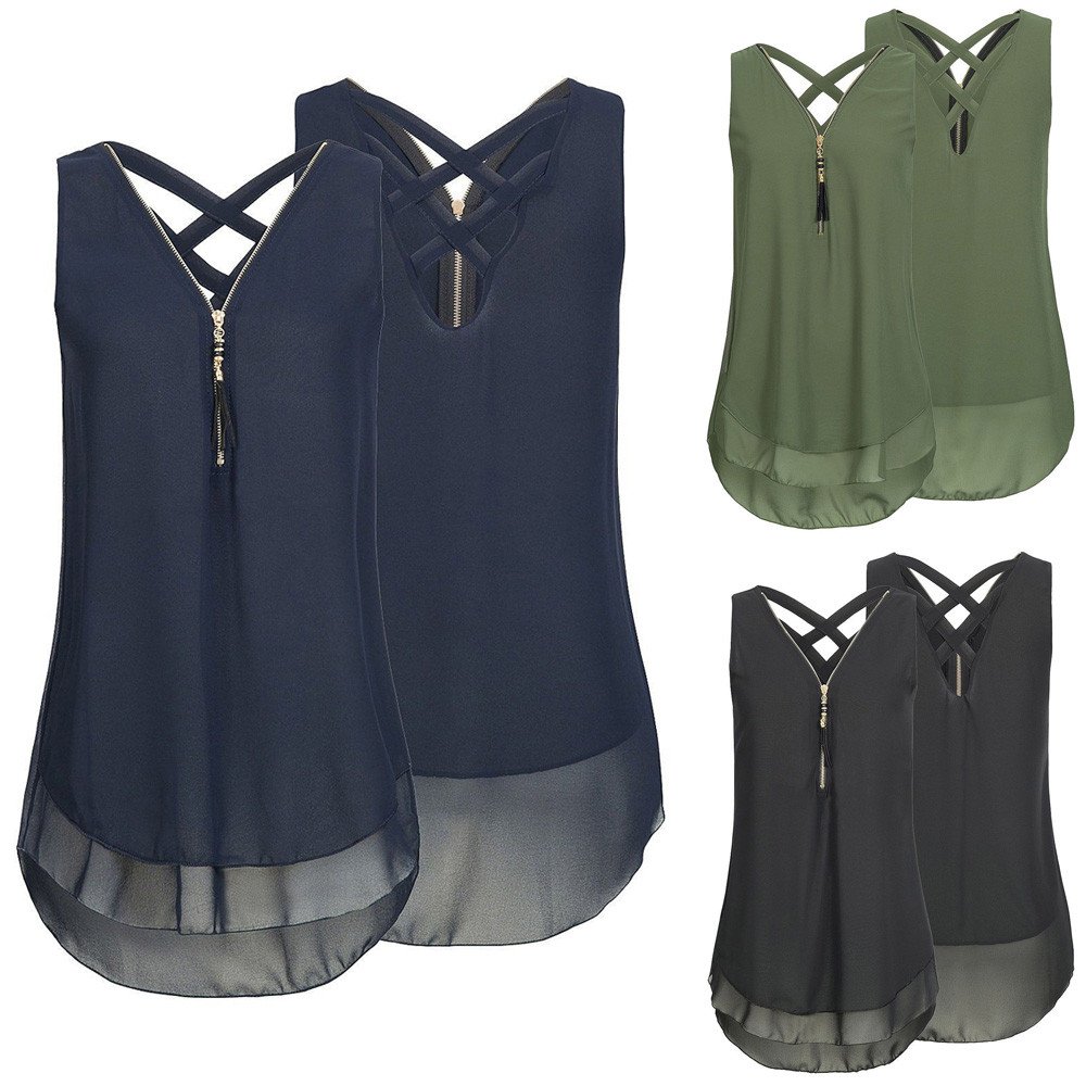 Women's Loose Sleeveless Cross Back Tank Top with V-Neck & Layered Hem - Casual Summer Tops for Beach, Yoga, and Everyday Wear