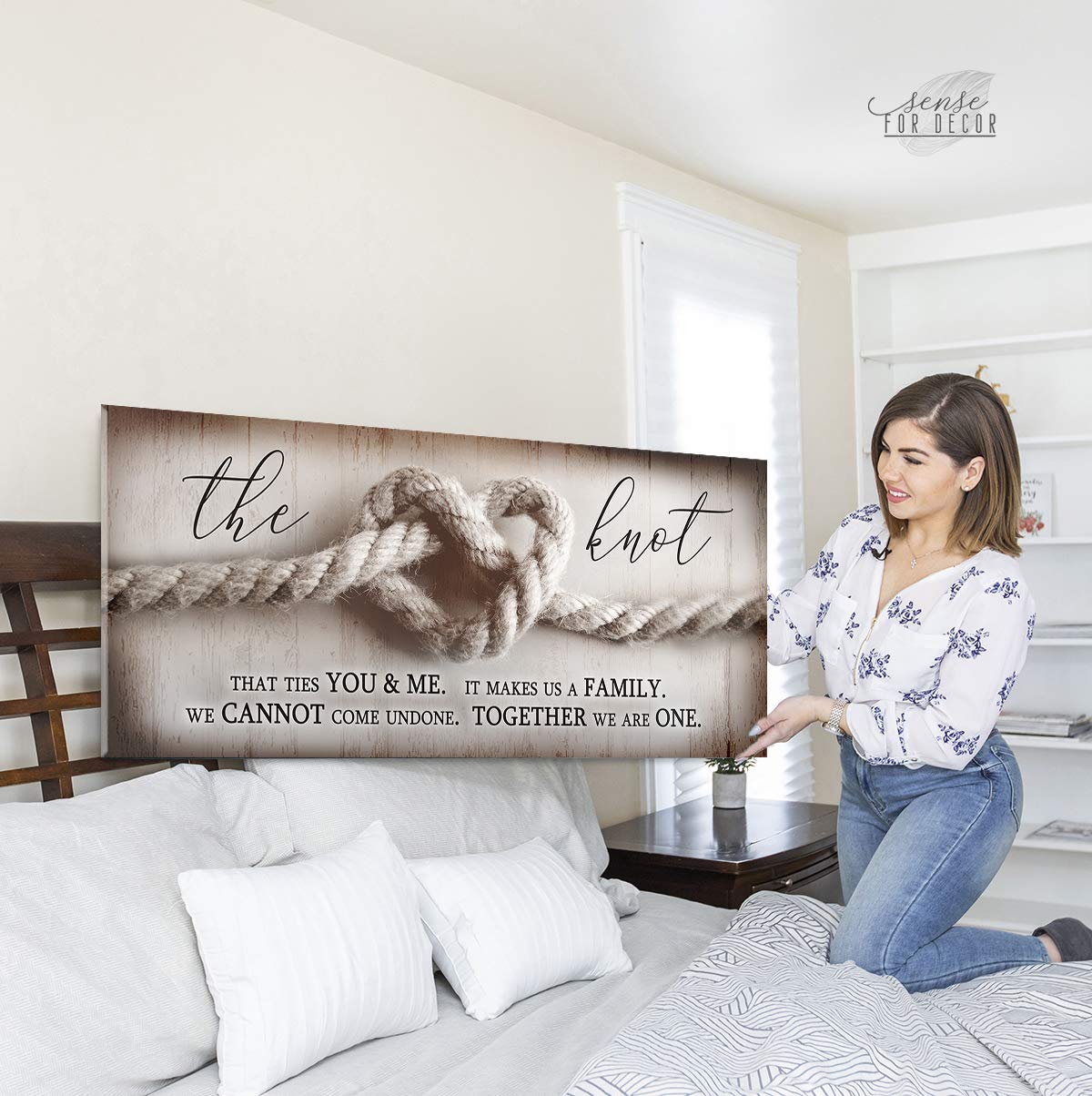 Romantic The Knot Wall Art - Framed Love Sign Decor for Couples, Large 60x27 Inch Brown Wooden Wall Hanging, Perfect for Bedroom, Master Bedroom & Over the Bed Decor - Ideal for Wedding Gifts & Anniversary Presents
