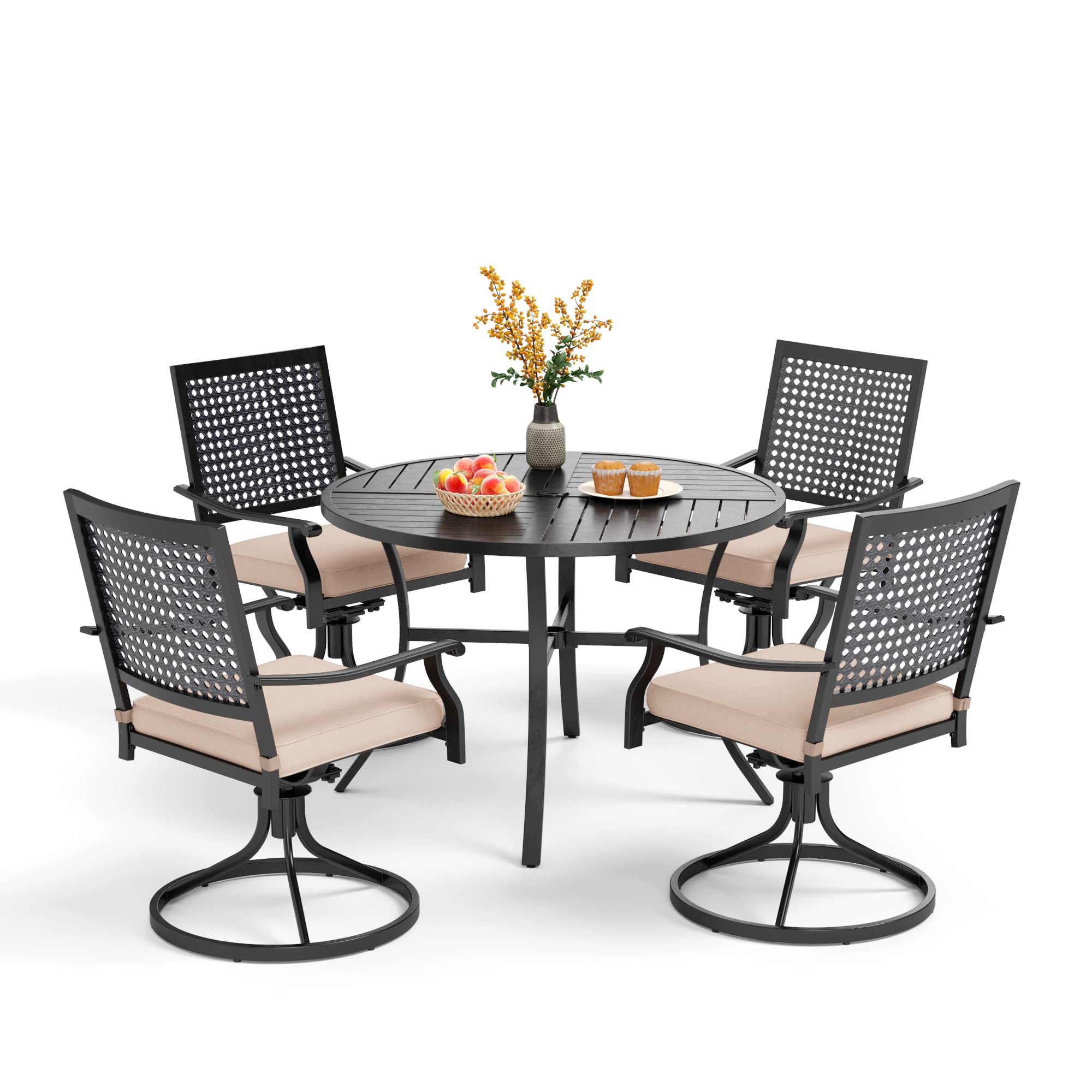 PHI VILLA 4-Piece Modern Outdoor Dining Set - Round Metal Patio Table with Umbrella Hole & Swivel Chairs with Cushions - Backyard, Garden, Poolside Furniture for Entertaining