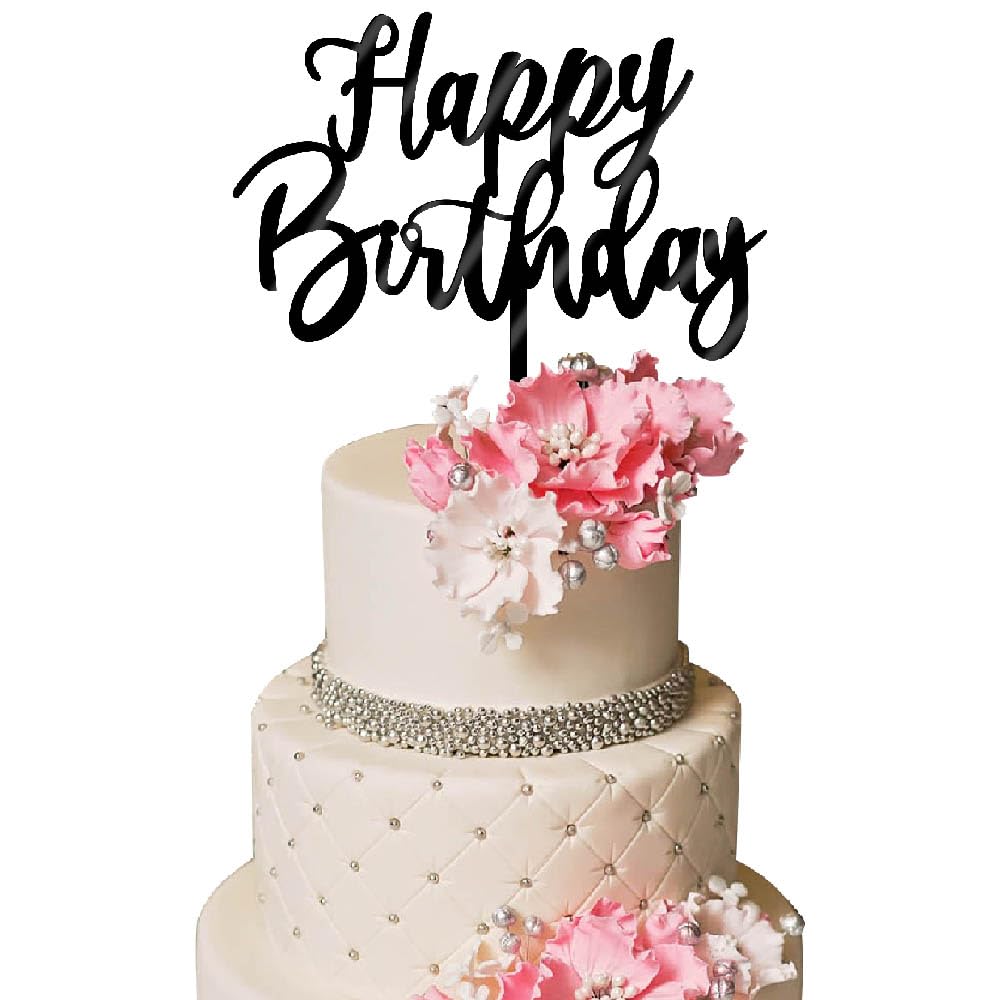 Happy Birthday Cake Topper - Acrylic Black Cake Decoration for Anniversary & Birthday Parties | Perfect for Wedding, Baby Shower, and Celebration Decor
