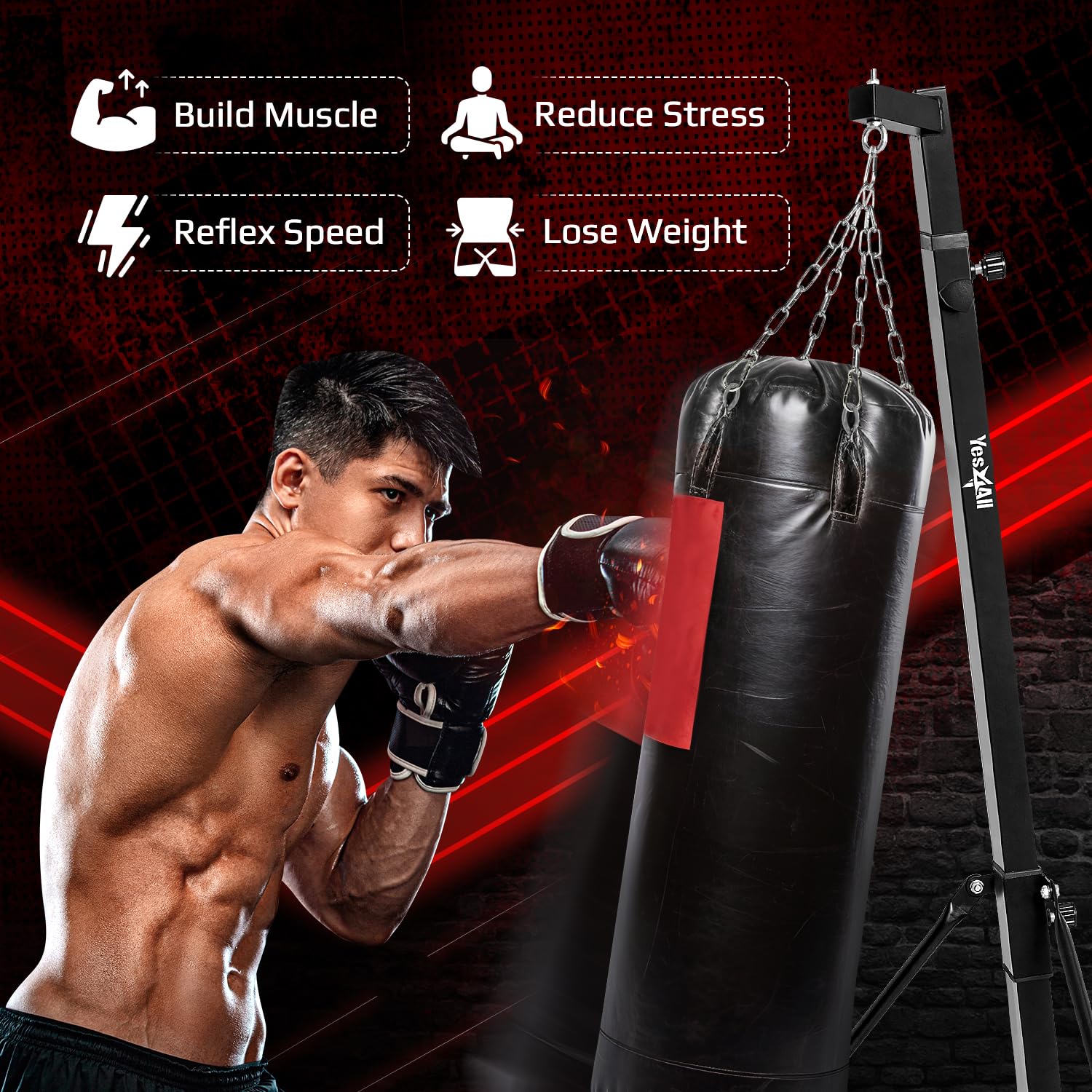 Yes4All 150lbs Portable Heavy Bag Stand - Foldable Boxing Bag Stand with Lock Pins & Adjustable Height for Home Gym, MMA Training, Kickboxing Workouts