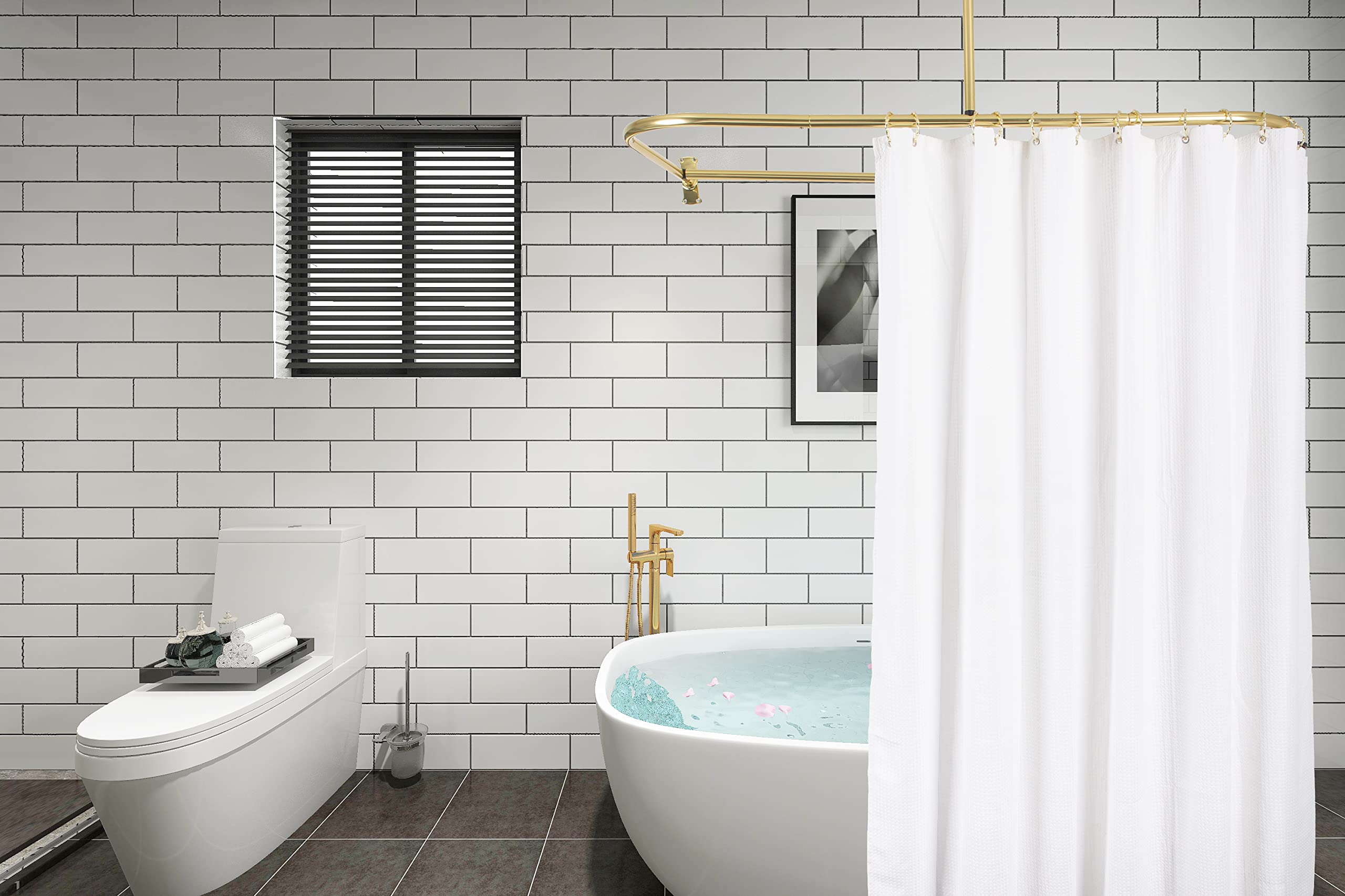 Rustproof Aluminum D-Shaped Shower Curtain Rod with Ceiling Support - Gold Finish (61