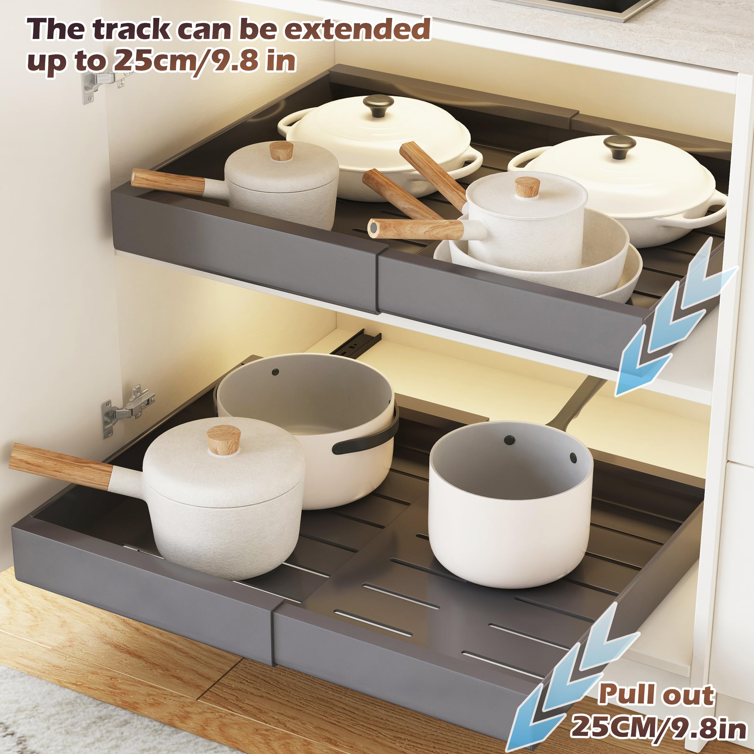 Extendable Pull Out Cabinet Organizer - Adjustable Sliding Pantry Shelves (12.4