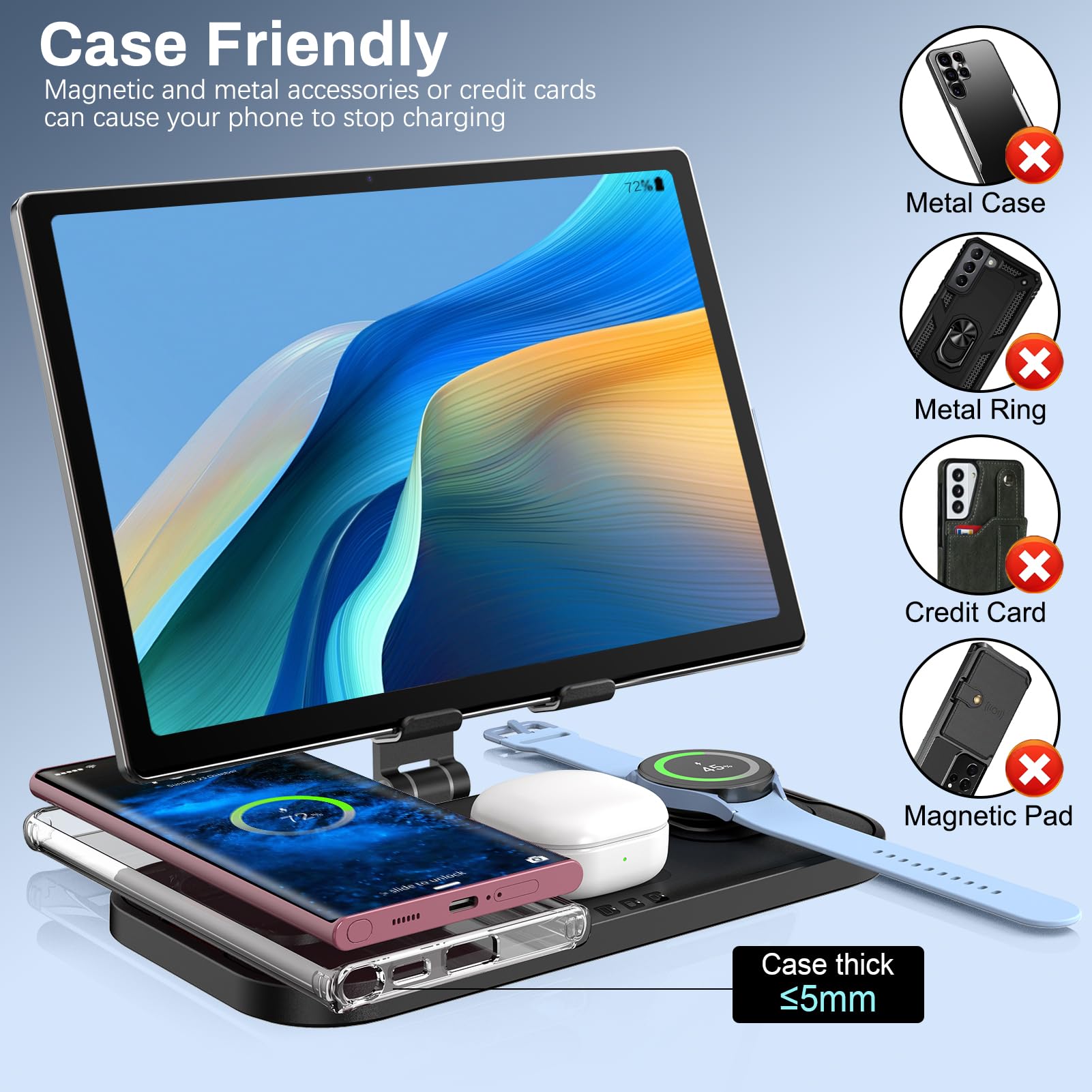 4-in-1 Wireless Charging Station for Samsung Galaxy S25 Ultra/S24/S23/S22/Note 20/Fold6/Flip6 - Fast Charger Stand for Galaxy Watch 7/6/5 Pro/4/3 & Buds - Foldable Multi-Device Charger for Android Phones & Tablets | Perfect for Home, Office & Travel