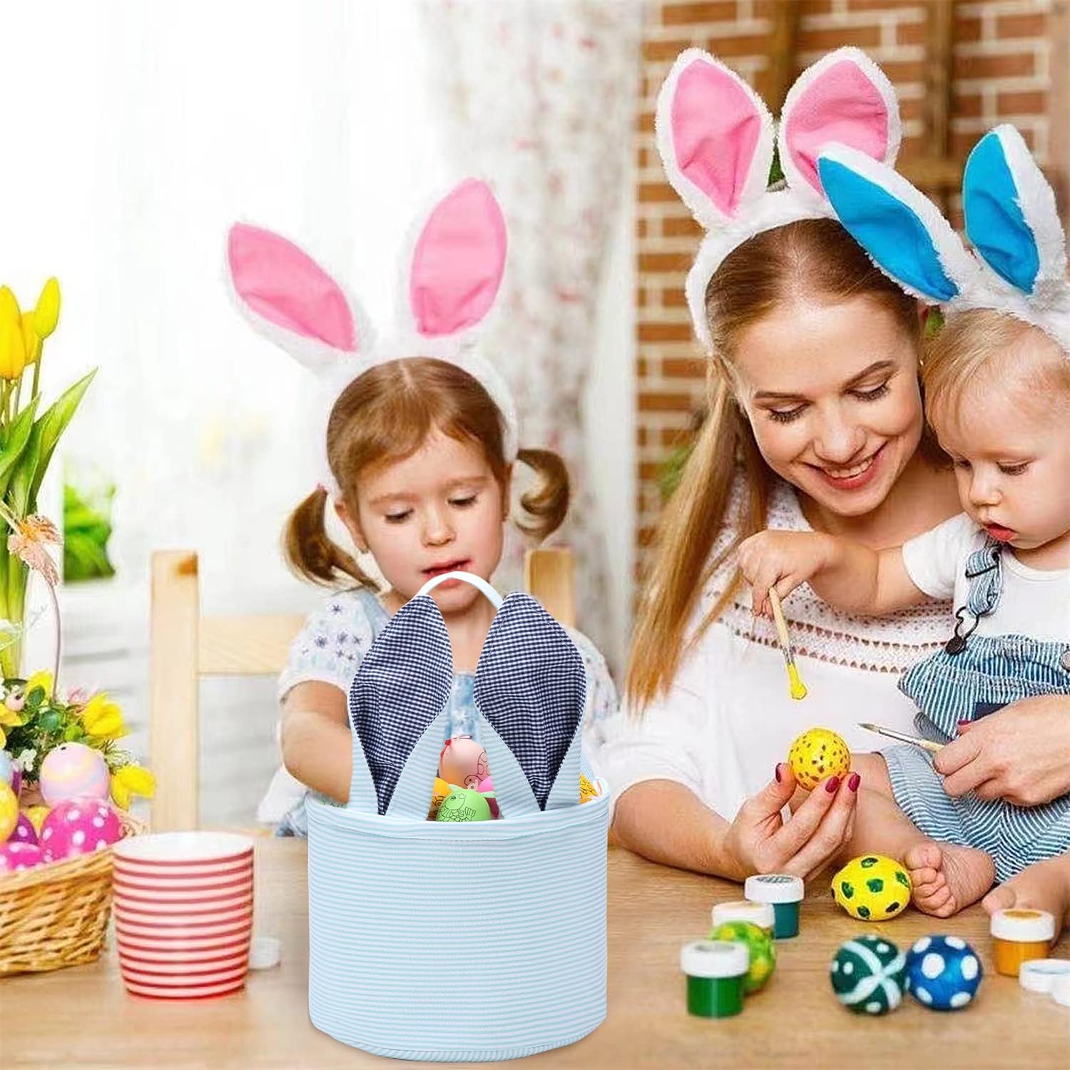 Easter Basket Set - Bunny Themed Egg Hunting Basket with Seersucker Lining for Candy & Gifts - Personalized Easter Egg Collection Bags for Kids & Family - Perfect for Easter Egg Hunts, Party Favors & Spring Celebrations