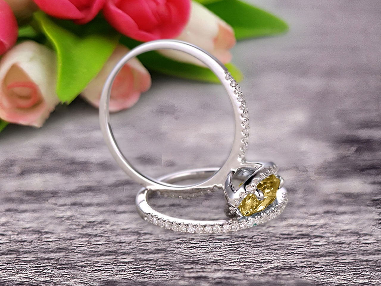 1.75 Carat Oval Cut Champagne Diamond Moissanite Engagement Ring & Wedding Band Set in 10k White Gold - Vintage Art Deco Style Bridal Jewelry for Anniversary, Proposal & Special Occasions