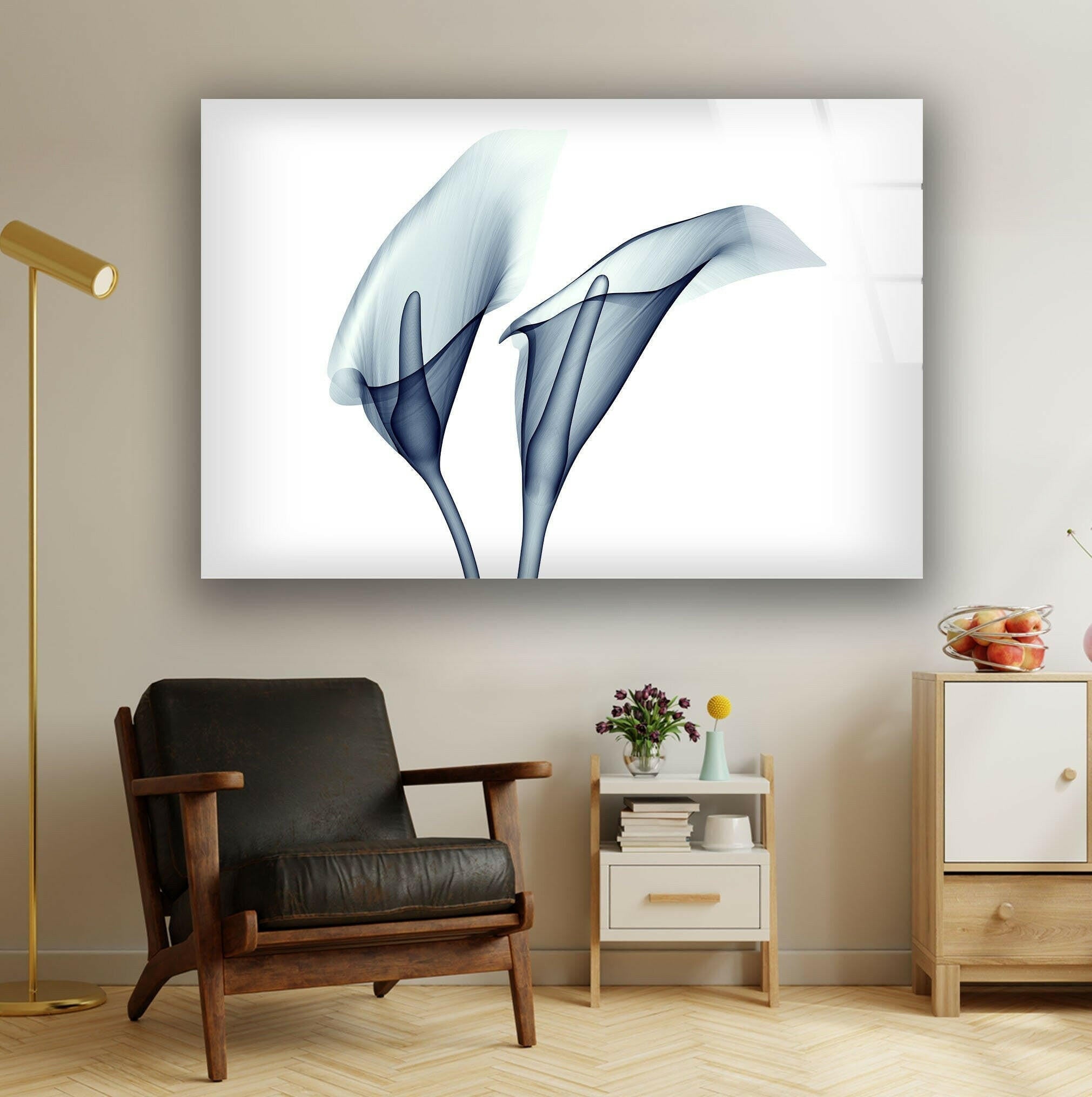 Blue Calla Lilies Glass Wall Art - Elegant Handmade Floral Decor for Living Room, Bedroom & Office - Perfect Gift for Home & Wedding Decorations