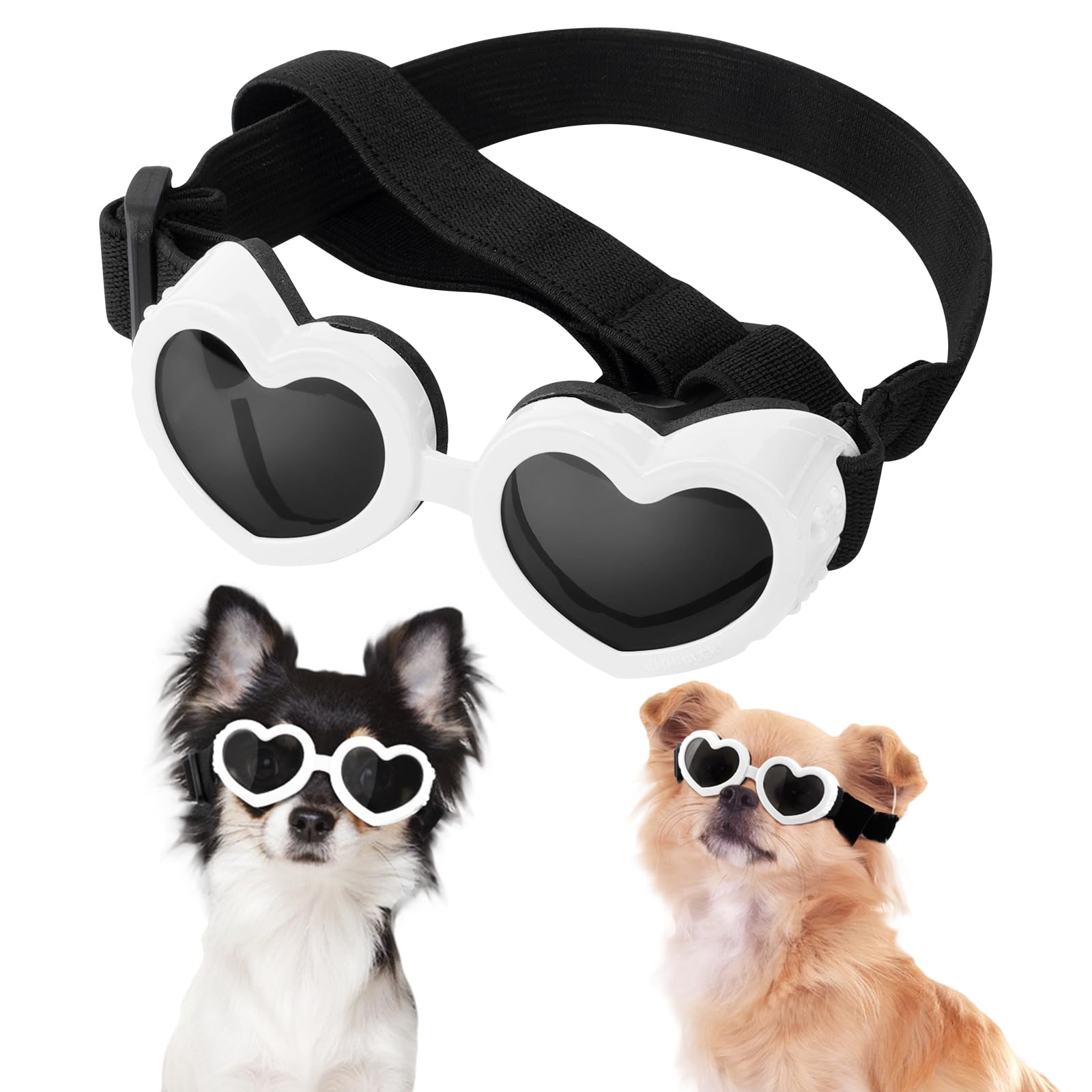 UV Protection Dog Sunglasses for Small Breeds - Anti-Fog, Windproof & Dustproof Pet Goggles - Adjustable Puppy Sunglasses for Motorcycle Riding, Driving, Snow & Outdoor Adventures (White)
