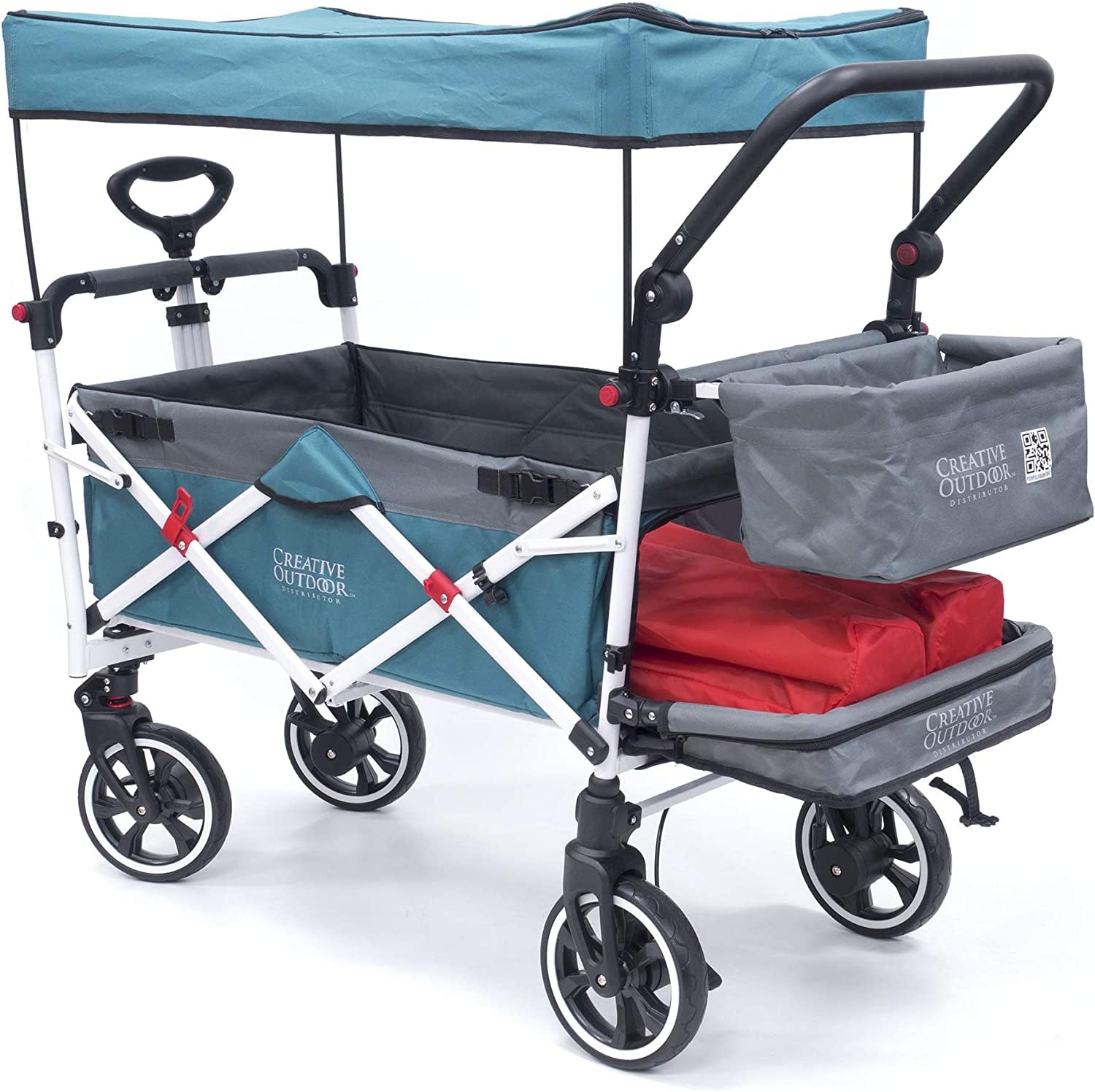 Best Collapsible Outdoor Wagon for Kids - Push Pull Stroller with Canopy for Beach, Park & Garden - Lightweight Folding Cart (Teal & Grey) - Perfect for Picnics, Camping & Outdoor Adventures