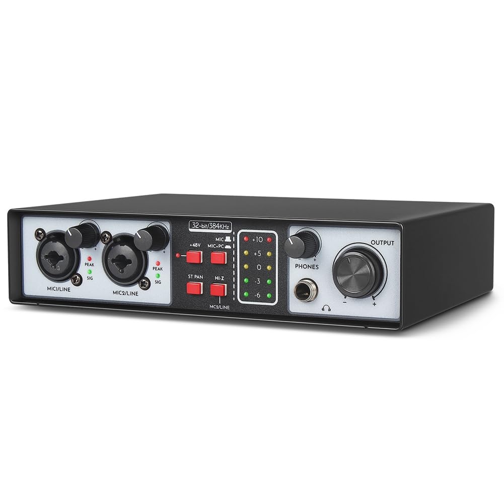 HUPYOMLER 2 in 2 Out USB Audio Interface - 32Bit/384KHZ Professional Sound Card with 48V Phantom Power for Home Studio Recording, Podcasting & Music Production