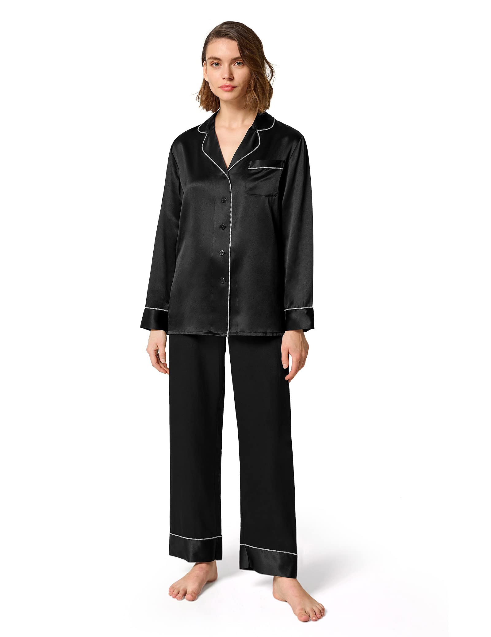 Luxury 100% Pure Silk Pajama Set for Women - Rhinestone Trim Long Sleeve Button Down Sleepwear & Loungewear | Perfect for Relaxing at Home, Spa Days, and Romantic Getaways