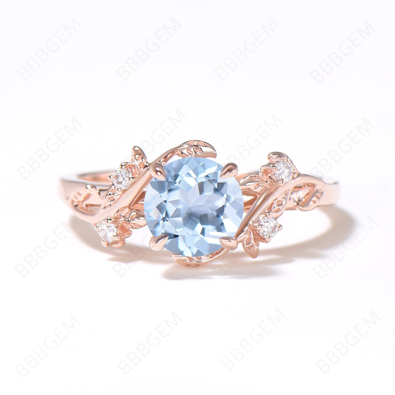 Natural Aquamarine Engagement Ring - 6.5mm Round March Birthstone Wedding Ring with Leaf Branch Design, Elegant Cluster Setting for Proposals, Anniversaries & Special Occasions
