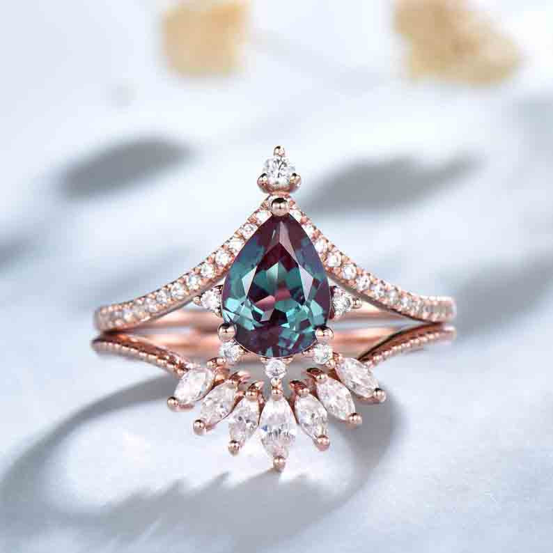 1.2 Carat Pear Shaped Alexandrite Engagement Ring & Wedding Band Set in Rose Gold - Vintage Style Bridal Jewelry for Wedding, Anniversary & Special Occasions