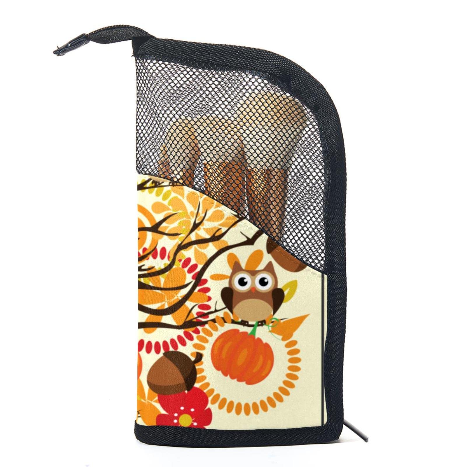 12-Piece Makeup Brush Organizer Bag with Portable Holder Case - Perfect for Travel, Home & Professional Use | Thanksgiving Tree Owls & Pumpkins Design
