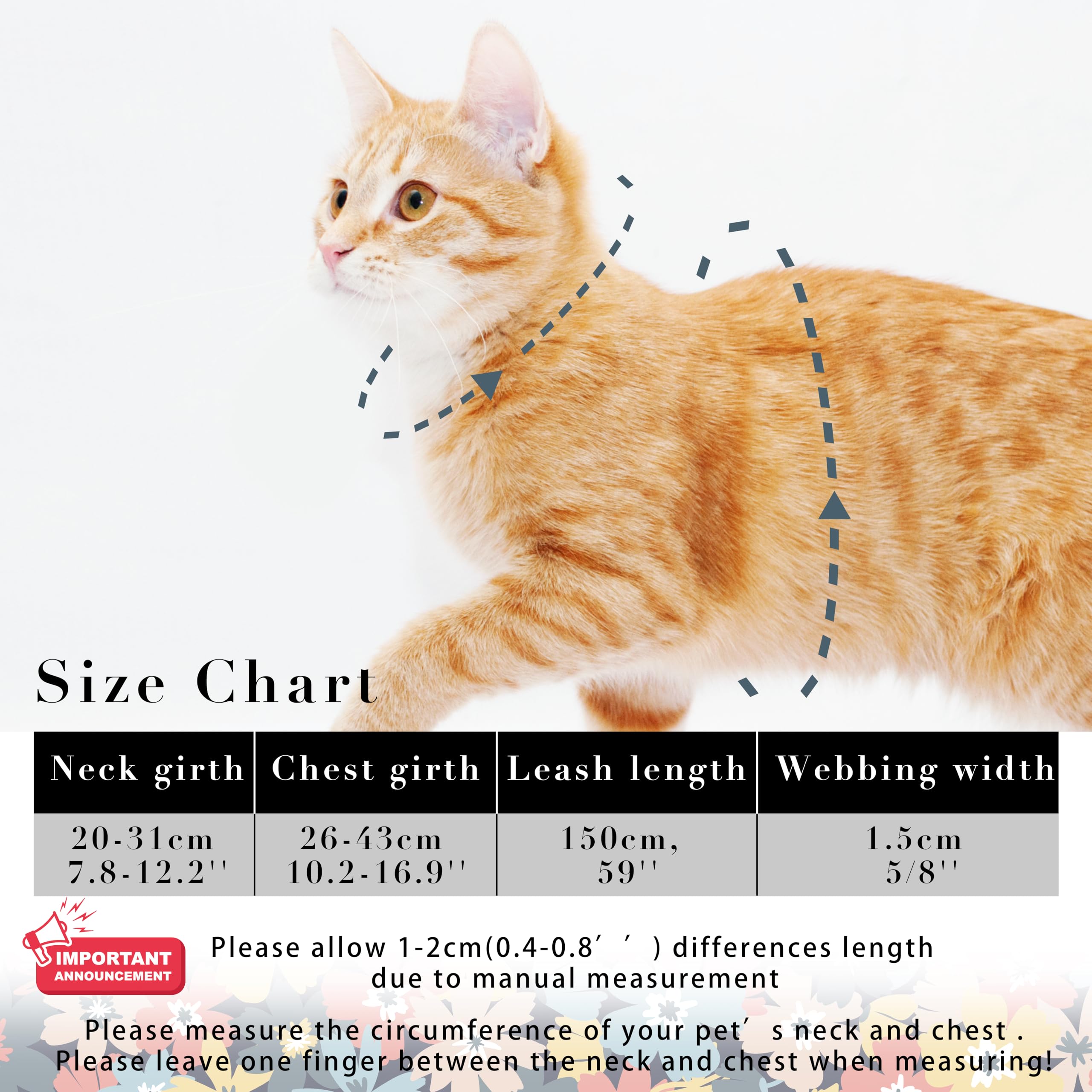 Adjustable Escape-Proof Cat Harness & Leash Set - Soft Lightweight Pet Walking Vest for Small to Medium Cats - Multi-Floral Design - Perfect for Outdoor Adventures, Travel & Daily Walks