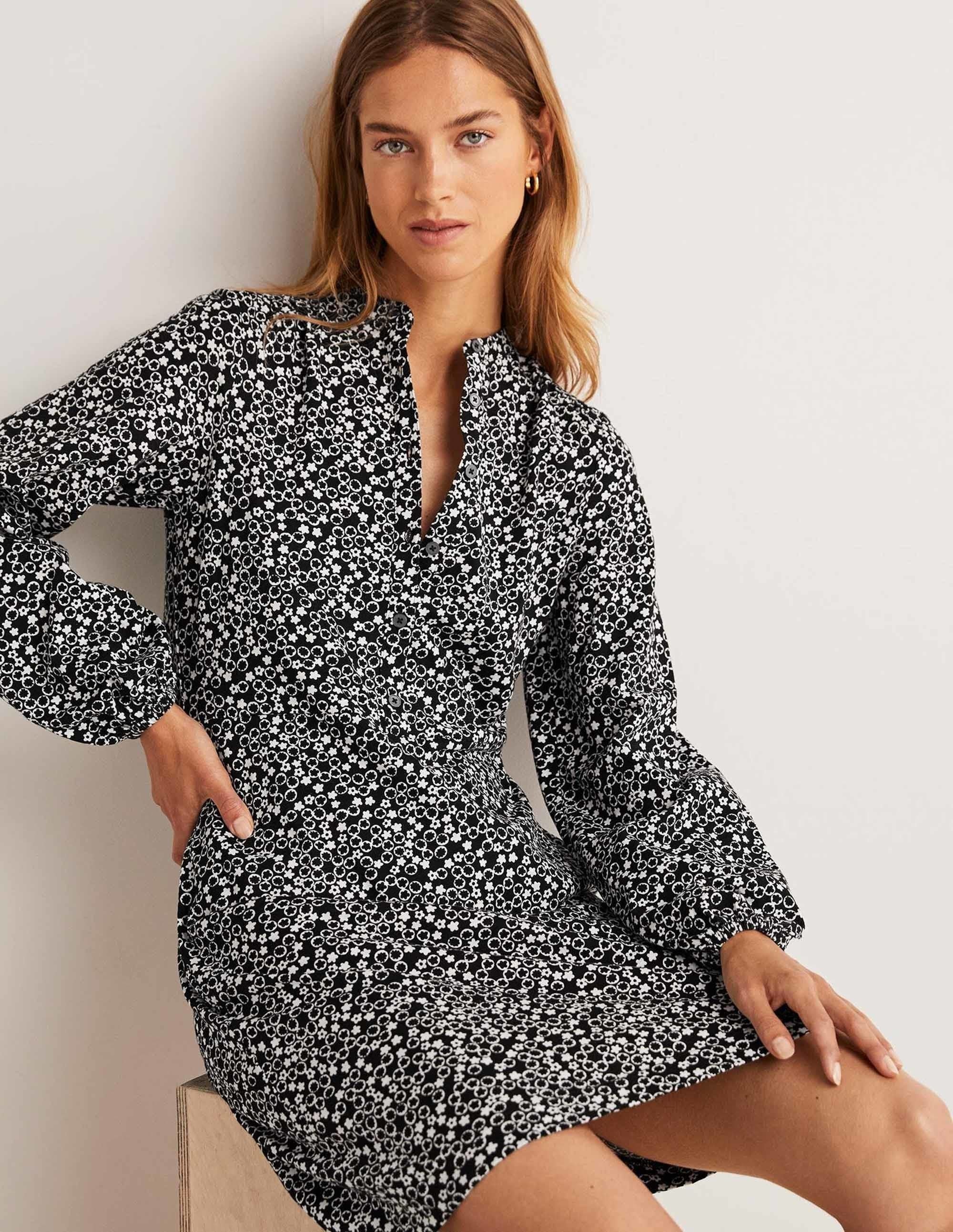 Women's Black Floral Belted Jersey Shirt Dress - Casual Wrap Dress for Work, Date Night & Spring Outfits