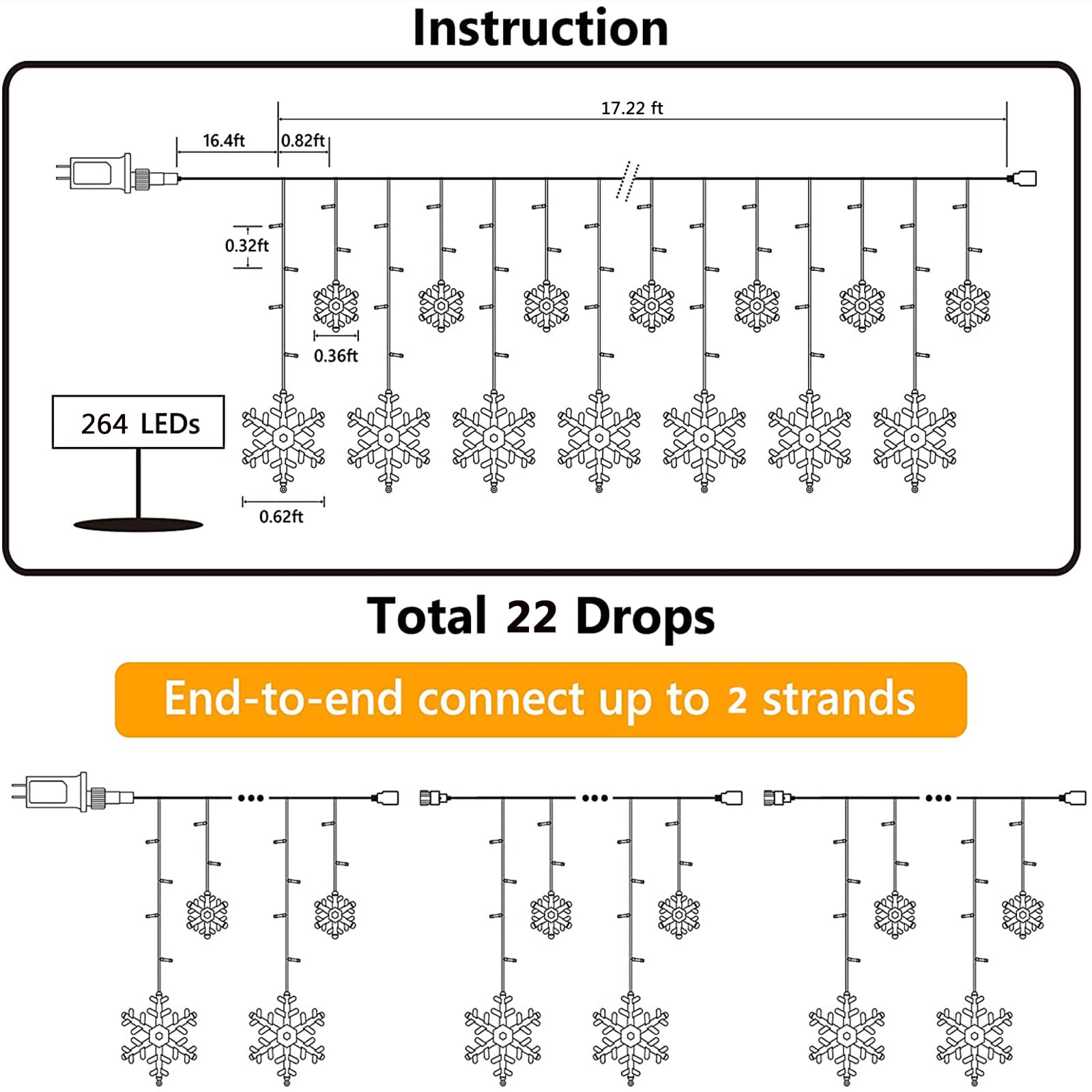 Toodour 17.22ft 264 LED Connectable Snowflake Icicle Christmas Lights - Waterproof Outdoor String Lights with 22 Drops & 8 Lighting Modes for Windows, Eaves, Curtains - Perfect for Holiday Decorations, Xmas Tree, Party, Garden, and Indoor/Outdoor Festive Lighting