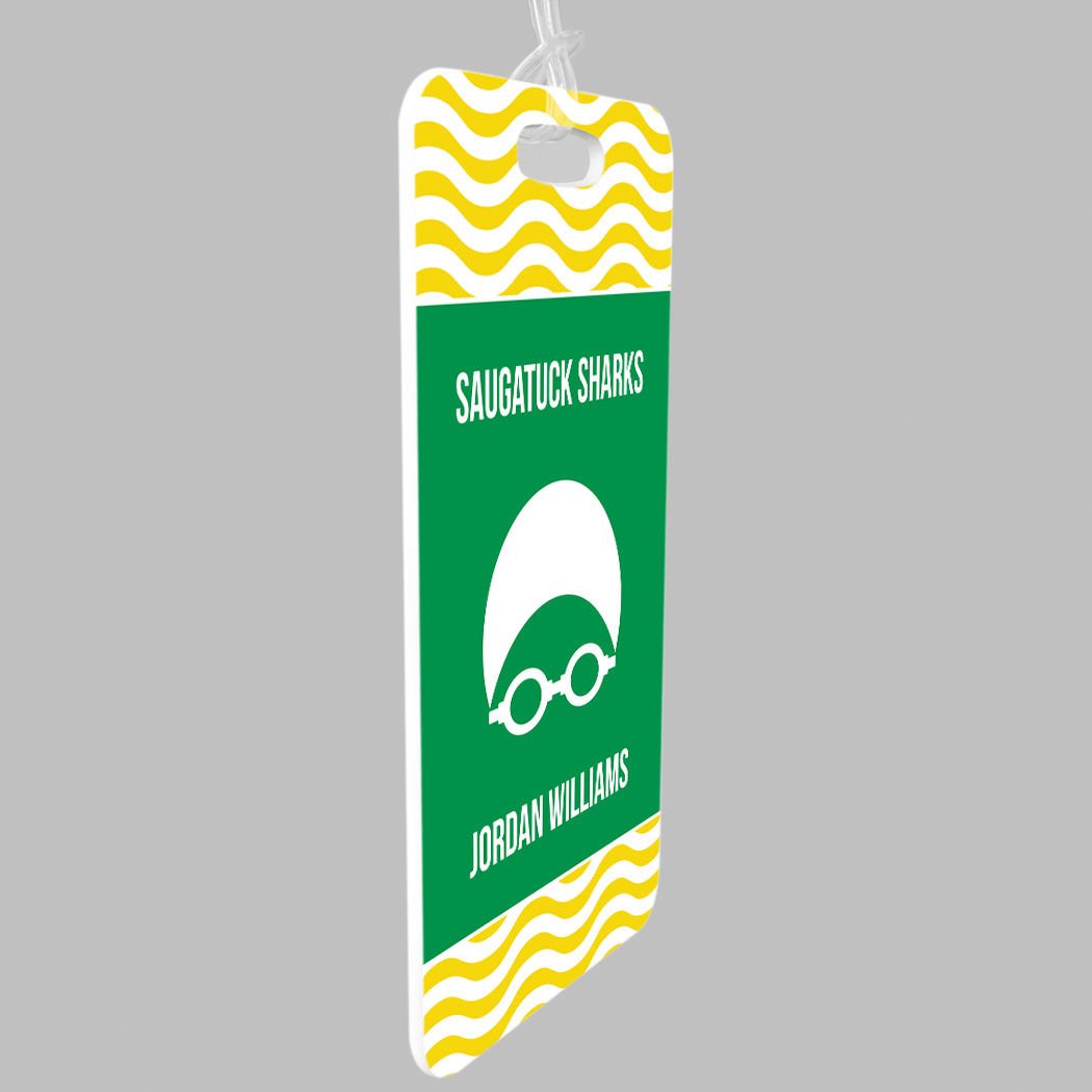 Personalized Swim Team Luggage Tag with Swimmer Design - Large Yellow/Green Waterproof Bag Tag for Swim Meets, Travel & Pool Accessories | Durable Standard Lines on Back