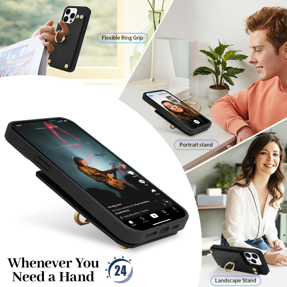 LAMEEKU iPhone 12 Pro Max Wallet Case with Card Holder - 360° Rotating Ring Kickstand & Protective Bumper - Premium Leather Cover for Women & Men (6.7 Inch, Black) - Perfect for Hands-Free Viewing, Secure Card Storage & Everyday Protection
