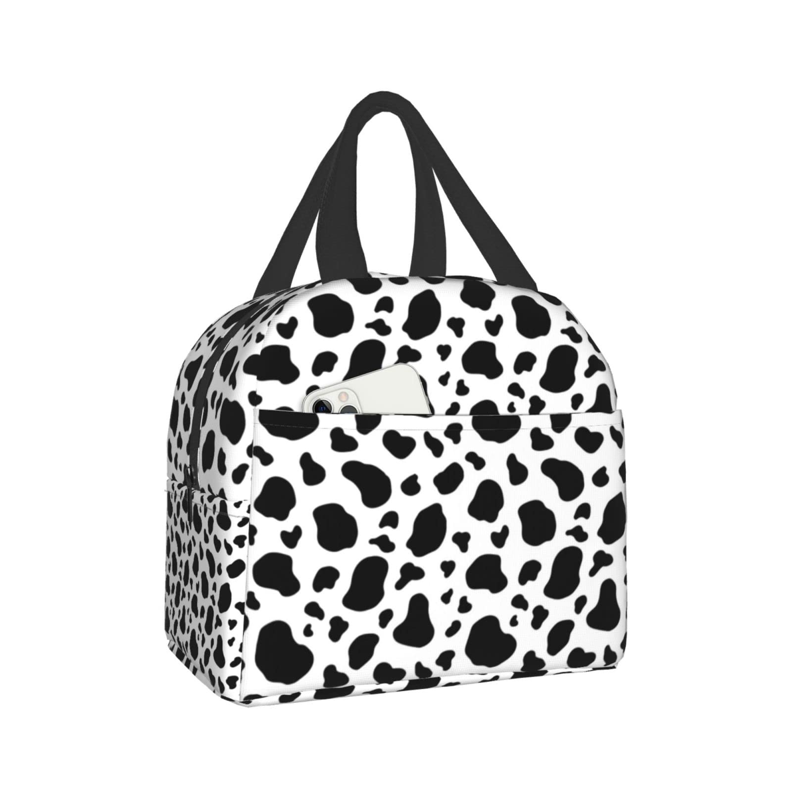 **Reusable Insulated Cow Print Lunch Bag - Leakproof Cooler Tote with Front Pocket for Kids, Adults, Work & Picnic (Black & White) - Perfect for School, Office & Outdoor Adventures**