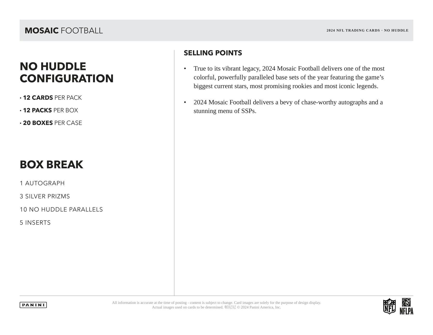2024 Panini Mosaic No Huddle Football Trading Card Box - Premium NFL Collectible Cards for Sports Fans & Investors | Perfect for Trading, Collecting & Displaying in Home or Office