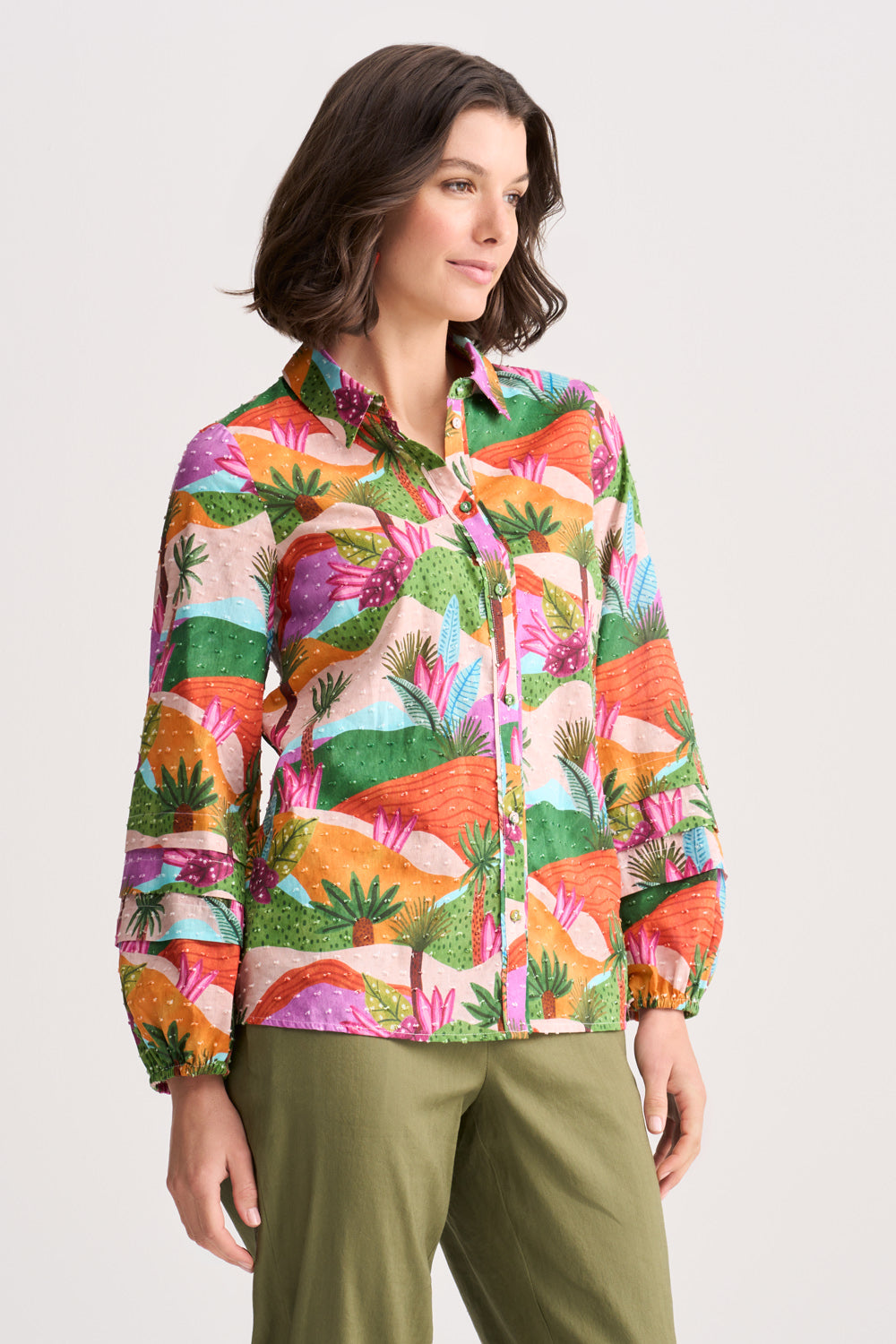 Men's Cotton Dobby Shirt with Tropical Landscape Print - Breathable Casual Button Down Shirt for Summer Vacation, Beach Party & Tropical Getaways
