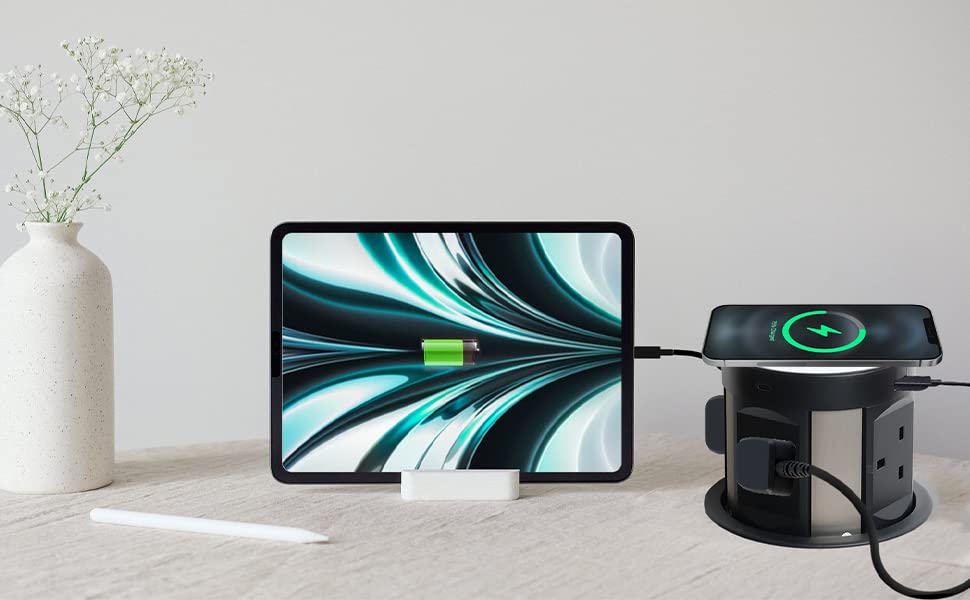 Automatic Pop Up Power Socket - 13A 4 Gang Outlet with 2 USB C & 2 USB A Ports + QI Wireless Charger - 3m Extension Cable for Kitchen Countertops, Office Desks & Workstations (Black) | Perfect for Home, Office & Commercial Spaces