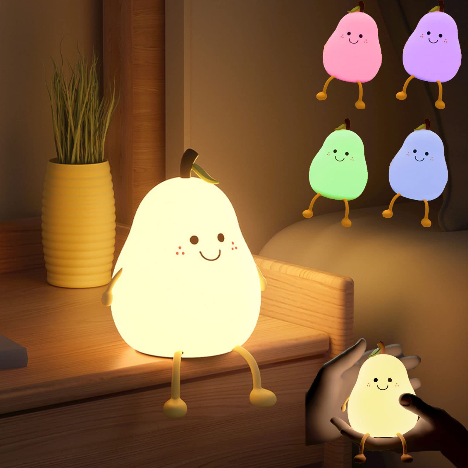 Kids Night Light - Pear-Shaped Smiley Nursery Lamp with 7-Color Changing & Timer, Food-Grade Silicone USB Bedside Light for Baby Room, Toddler Sleep Aid, Birthday Gift (Touch Sensor, Warm White Light) - Perfect for Bedtime, Nursery Decor & Soothing Nighttime Feedings