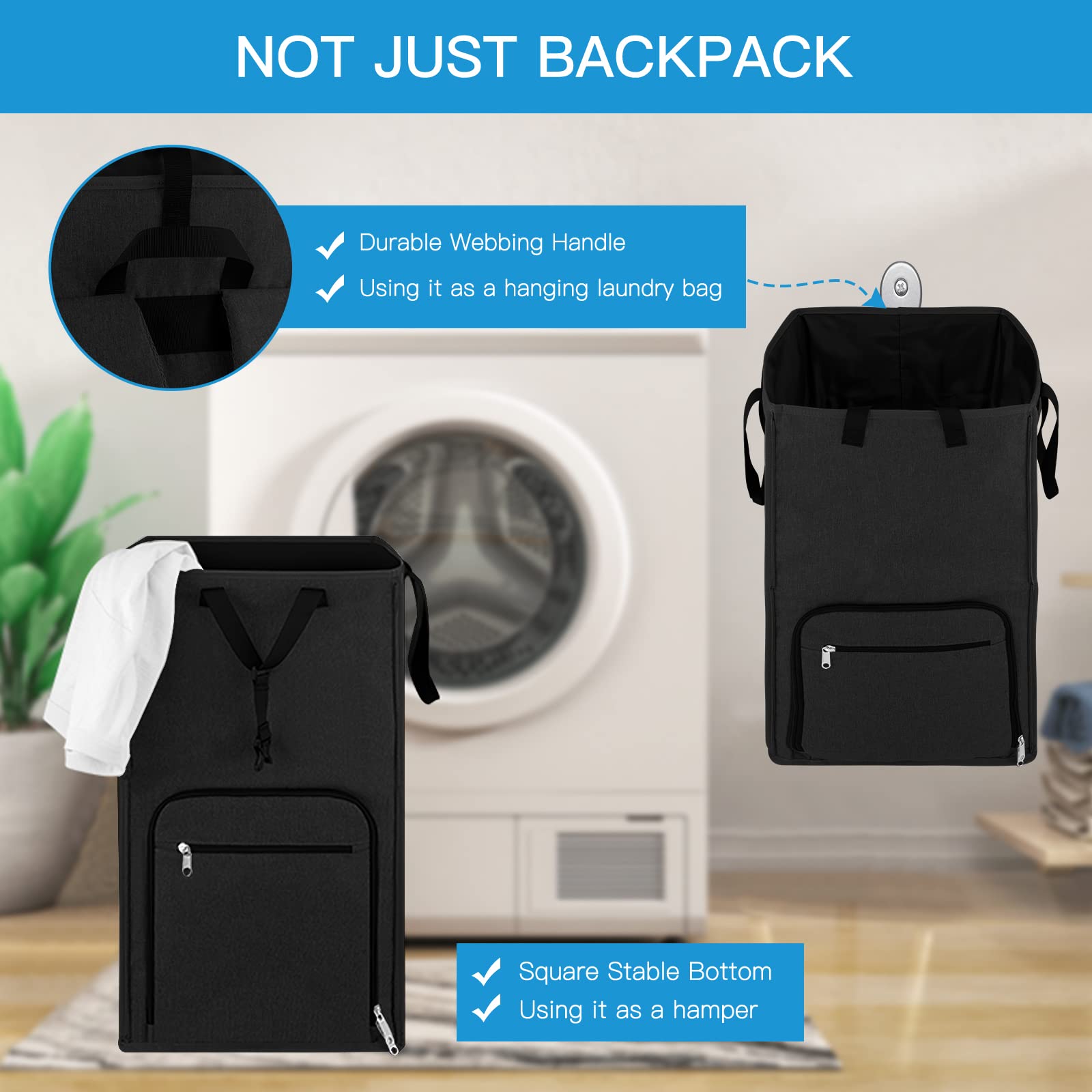 Bukere Extra Large 2-in-1 Laundry Backpack & Hamper Basket - Adjustable Shoulder Straps, Freestanding Design for Dorm, Apartment & Travel | College Student Essentials for Laundry Room, Laundromat & Camping Trips