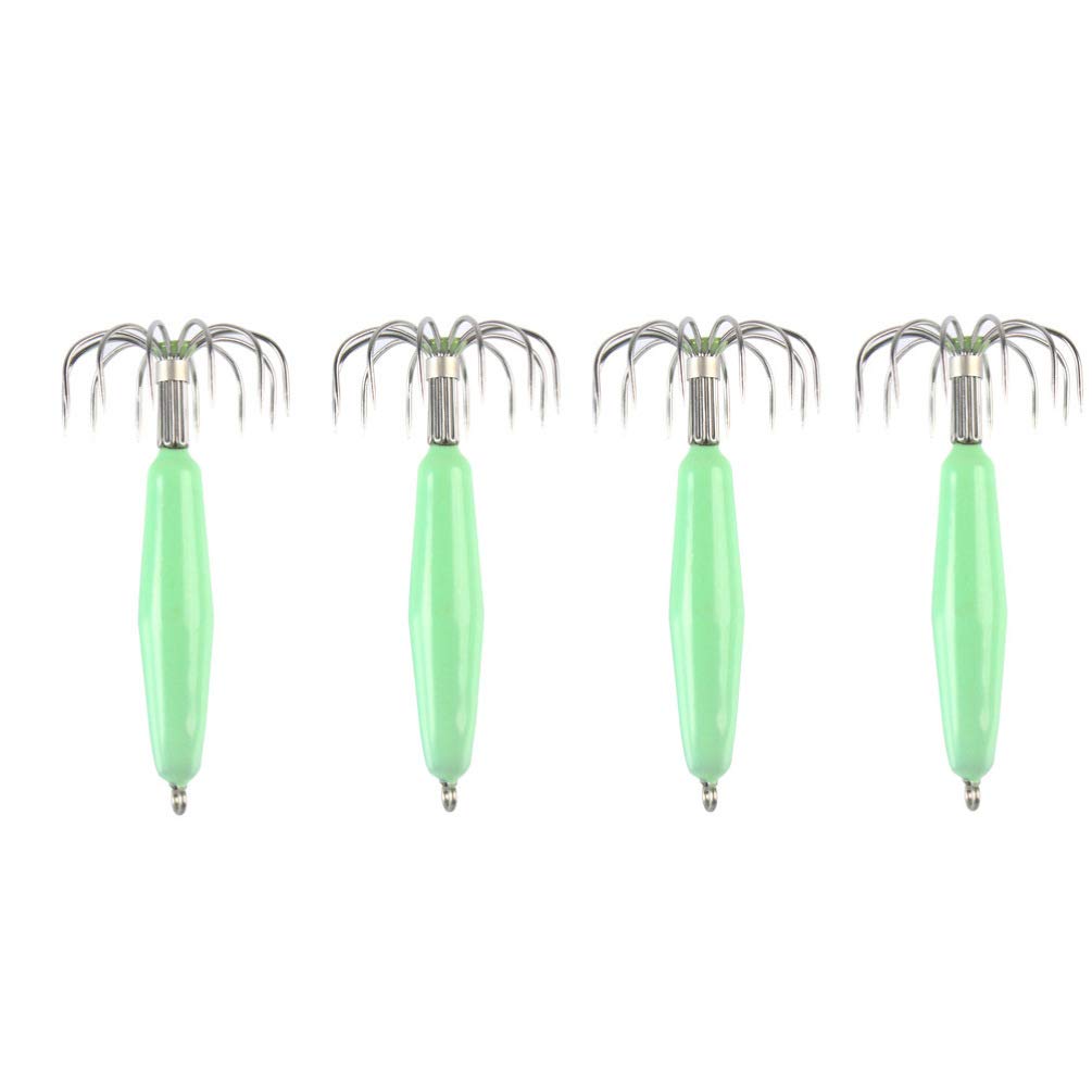 BESPORTBLE 4pcs Fluorescent Squid Jig Hooks - Glow in Dark Fishing Lures for Night Fishing (12g) - Perfect for Saltwater, Freshwater & Deep Sea Squid Fishing