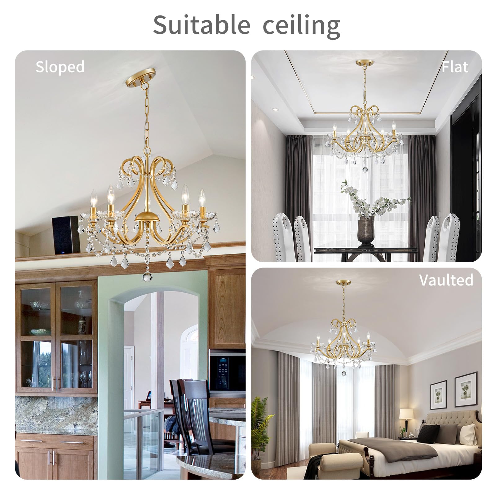 WUZUPS Modern 5-Light Crystal Chandelier Flush Mount Ceiling Light Fixture - Gold Finish, E12 Base, 20.9