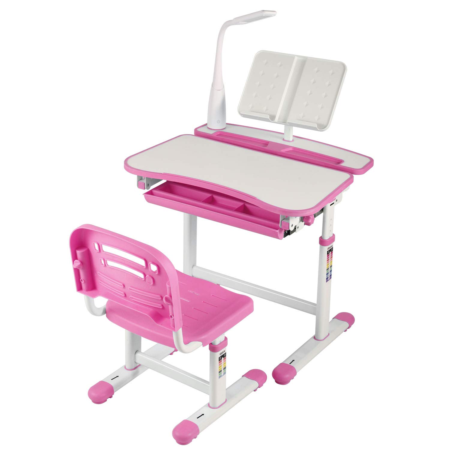 KUBABA Adjustable Height Kids Study Desk and Chair Set with Storage Drawer, Tilt Desktop, LED Lamp, Bookstand & Hook - Perfect for Homework, Reading & Drawing (Pink)