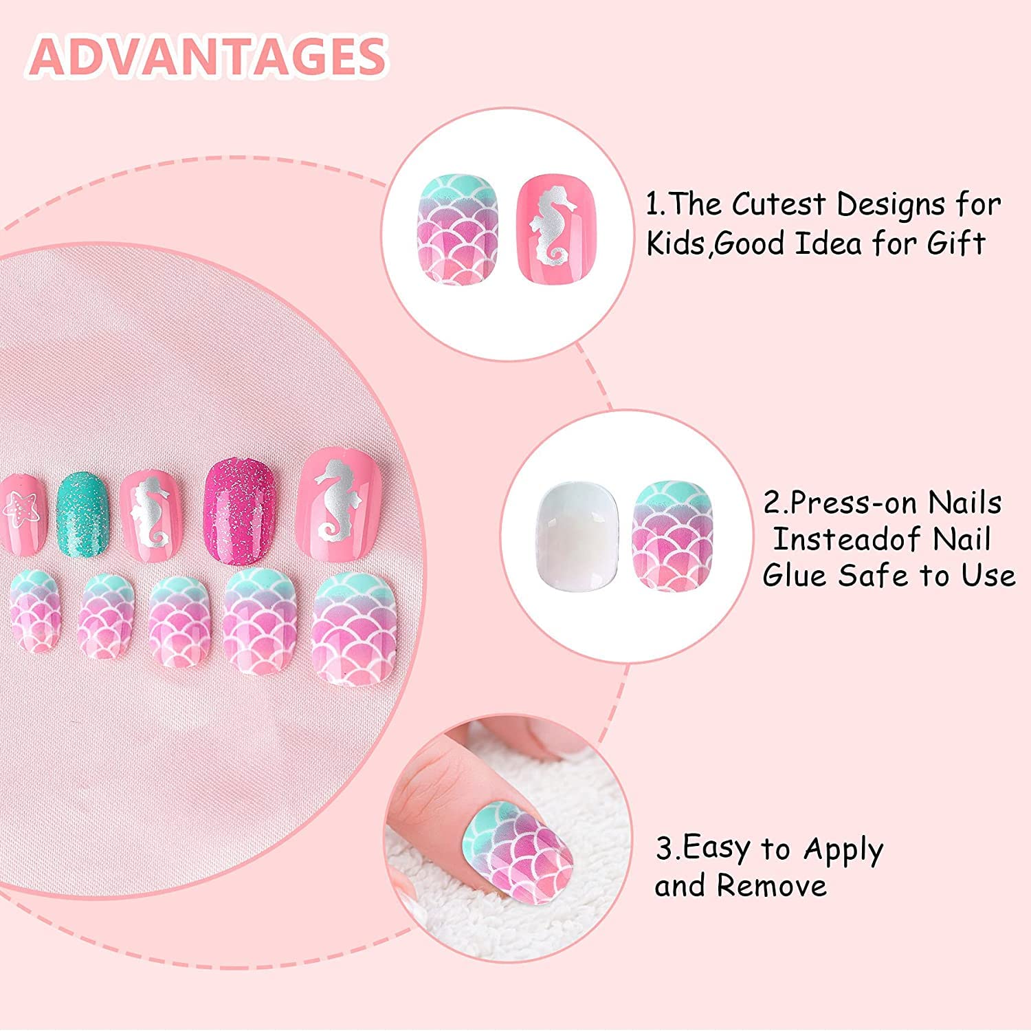 JANYUN 48 Pcs Short False Nails for Kids - Full Cover Stick on Nails for Little Girls, Non-Toxic Nail Art Gift Set - Perfect for Birthday Parties, Playdates & Dress-Up Fun