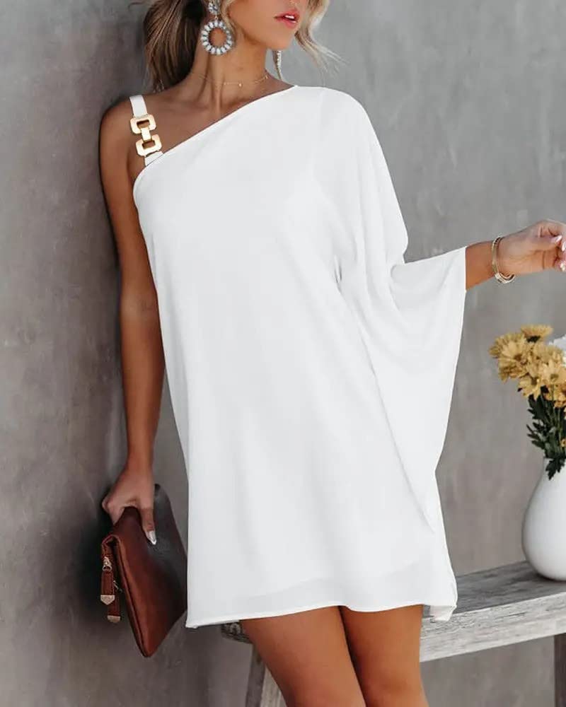 Binmer Women's One Shoulder Batwing Sleeve Mini Dress - 2024 Summer Casual & Cocktail Party Sling Dress | Perfect for Club Nights, Date Nights & Beach Vacations