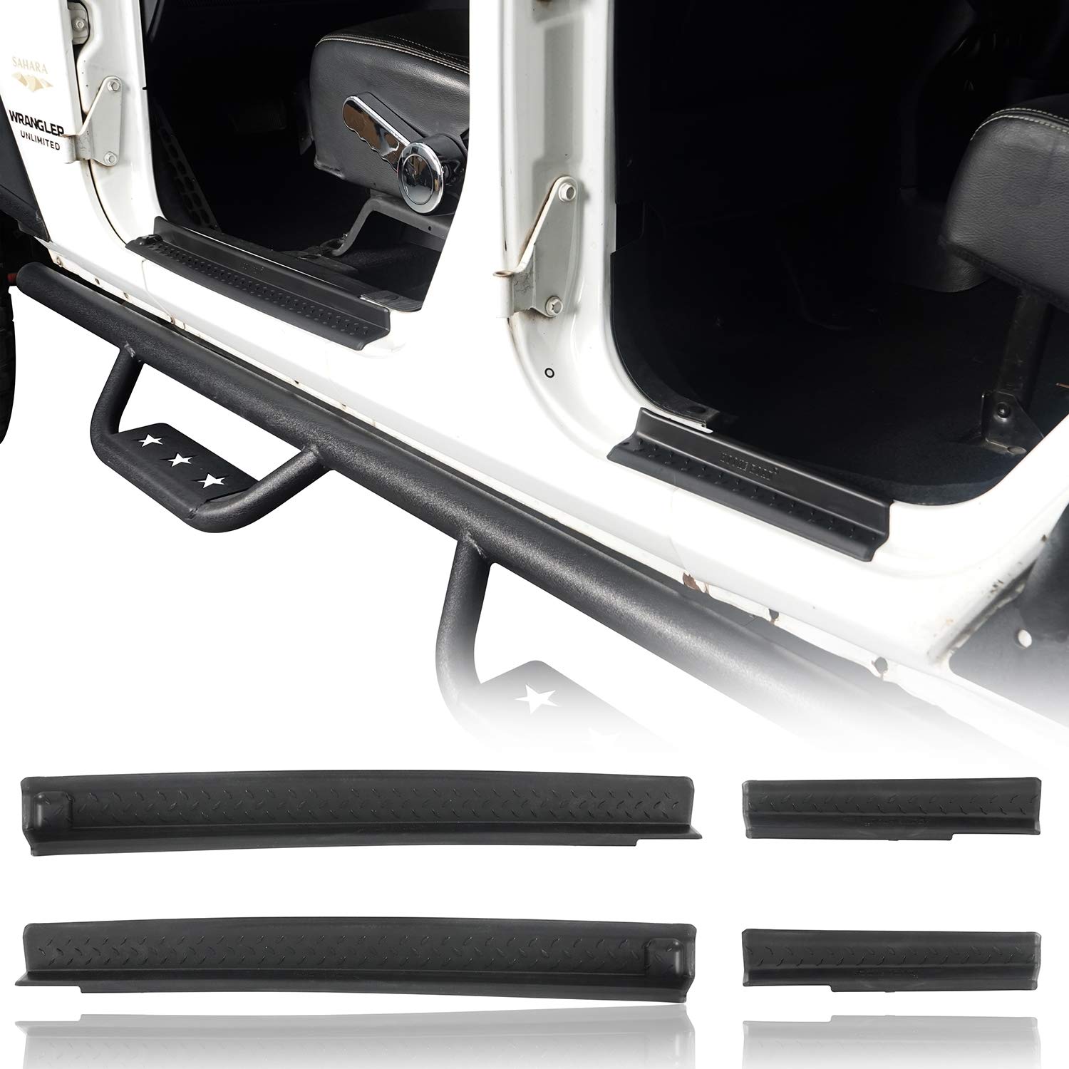 Hooke Road Wrangler JK Door Sill Entry Guard Black Thresholds Kit - Compatible with Jeep JK Wrangler Unlimited 4-Door 2007-2018 Models - Durable Protection Against Scratches & Dents for Off-Road Adventures & Daily Driving