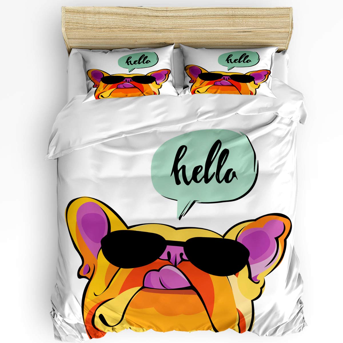 Plelat Queen 3-Piece Cute Dog Pattern Bedding Set - Duvet Cover & 2 Pillowcases for Boys & Girls | Hello Sunglasses Dog Theme | Soft & Comfortable Bed Set for Kids Room, Teen Bedroom & Dorm Decor