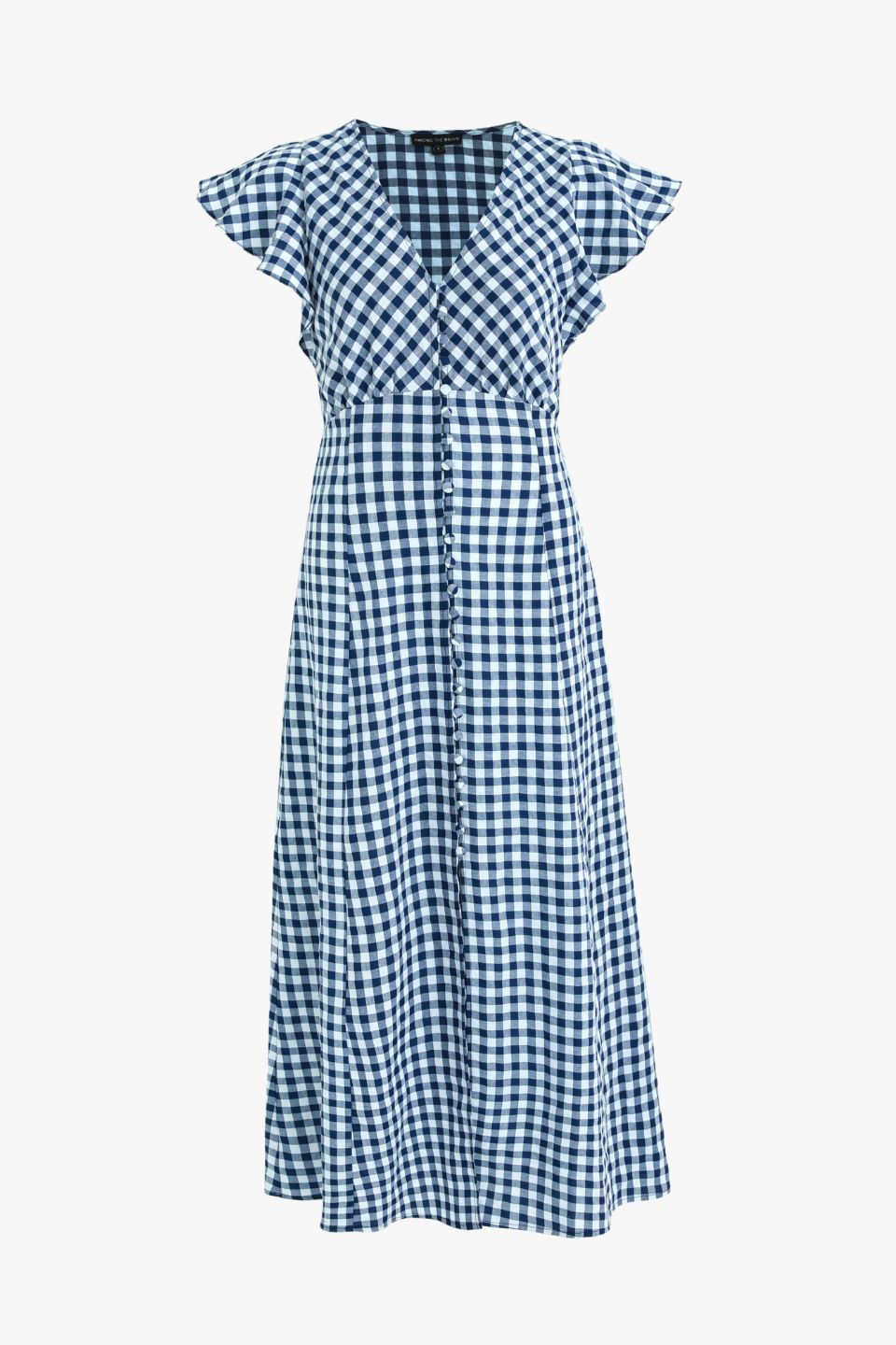 Flawless Navy Gingham Cotton Fluted Sleeve Button Front Midi Dress for Women | Summer Casual & Office Wear | Perfect for Brunch, Work, and Special Occasions