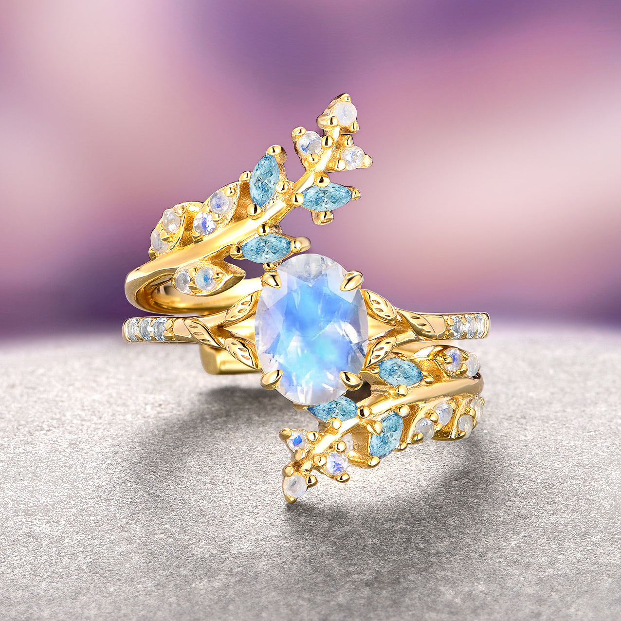 Moonstone & Aquamarine Leaf Engagement Ring Set in 14K Solid Yellow Gold - Perfect for Weddings, Anniversaries & Romantic Gifts