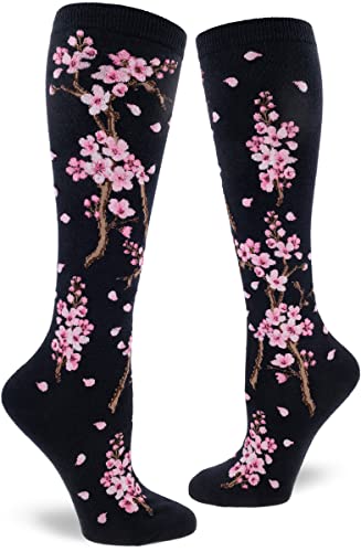 Cherry Blossom Knee High Socks in Deep Navy