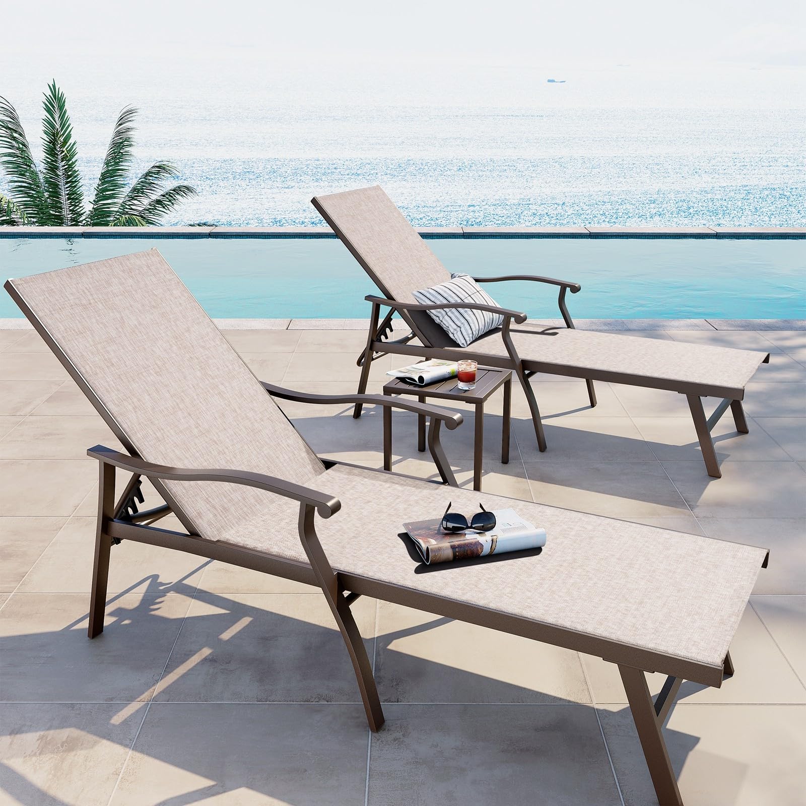 Crestlive 3-Piece Aluminum Chaise Lounge Set - 5-Position Adjustable Patio Recliners, All-Weather Outdoor Lounge Chairs for Poolside, Beach, Backyard & Garden (Beige) | Perfect for Sunbathing, Relaxing & Outdoor Entertaining