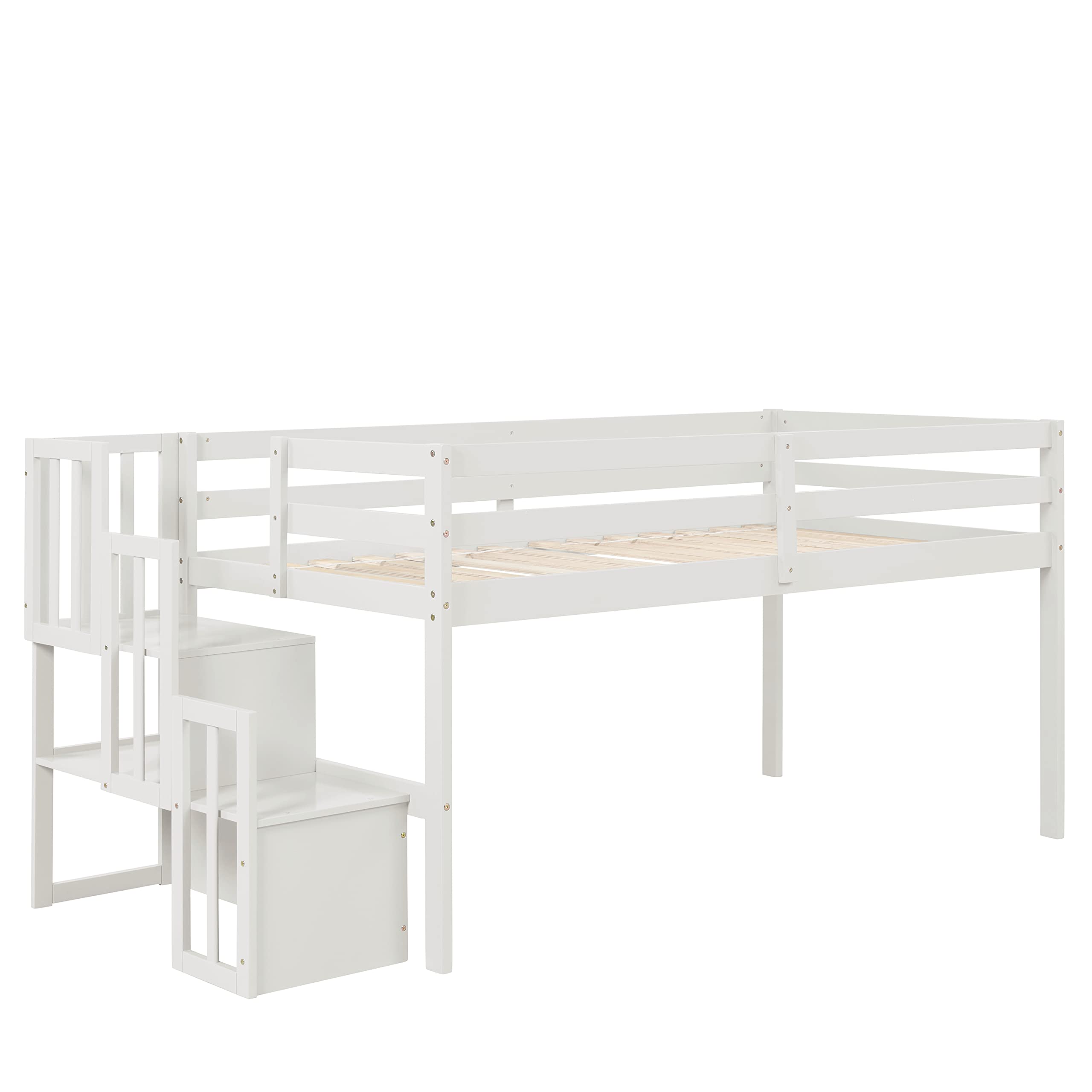 Twin Size Low Loft Bed with Stairs - Kids Wooden Loft Bed Frame with Storage Staircase for Boys & Girls - White - Perfect for Small Bedrooms, Dorm Rooms & Kids' Spaces
