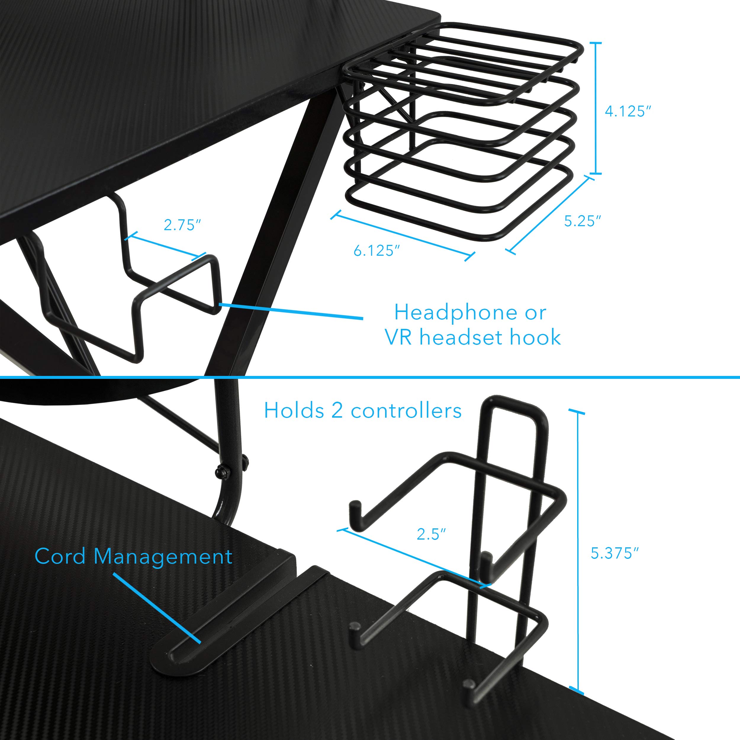Atlantic Gaming Desk with Carbon-Fiber Desktop, X-Legs & Monitor Stand - Ergonomic Computer Desk for PC Gamers with Phone Holder & Speaker Stands (Black) - Perfect for Streaming, Esports & Home Office Setup