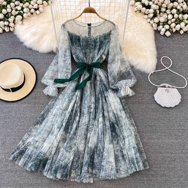 Fairy Ink Retro Round Neck Mesh Elegant Floral Summer Dress for Women - Perfect for Parties, Weddings & Date Nights