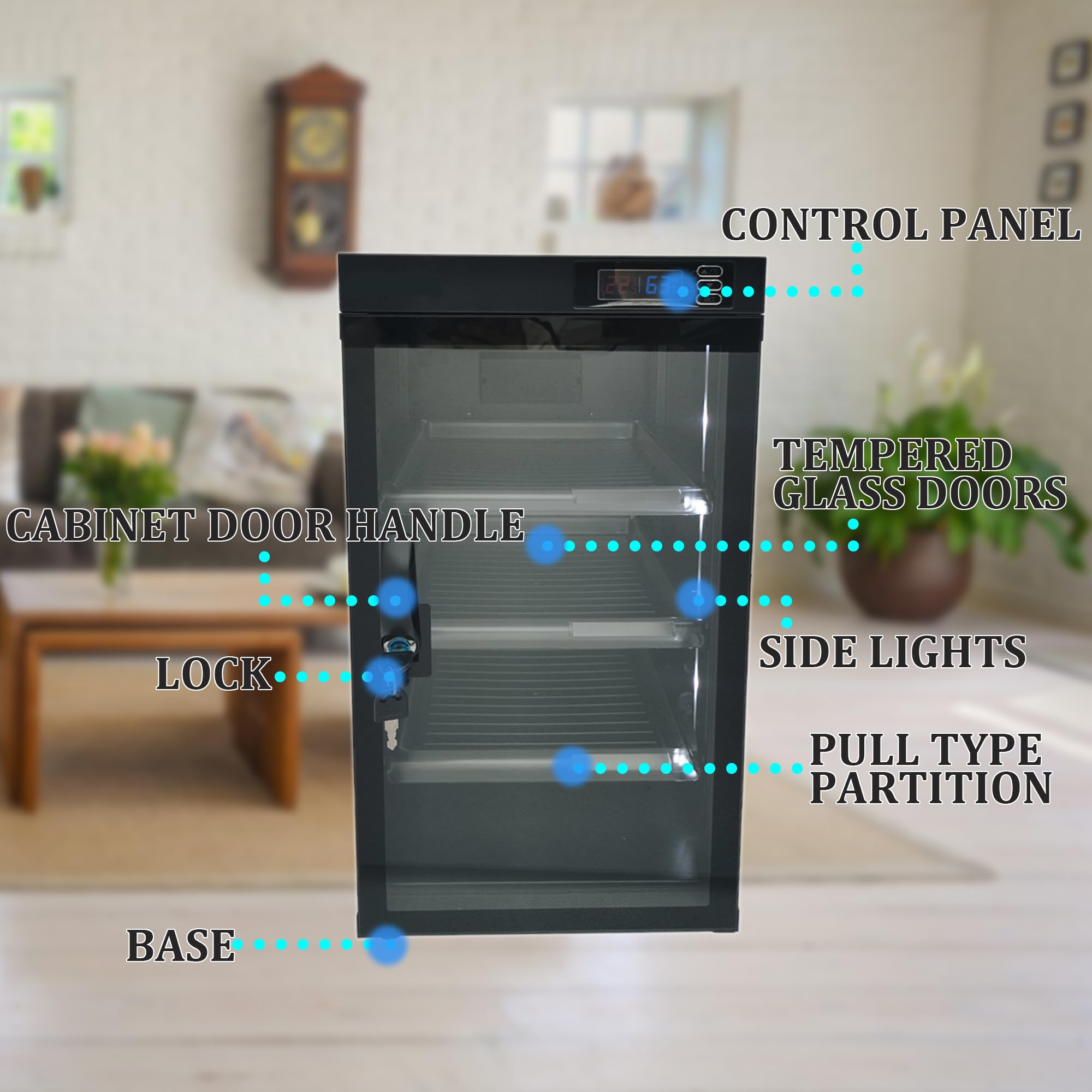 INTSUPERMAI 80L Digital Control Dehumidifying Dry Cabinet with Key Lock - Safe Storage for Camera Lenses & Electronic Equipment (100-240V, 4 Wheels) - Perfect for Photography Studios, Labs & Humidity-Sensitive Electronics Storage